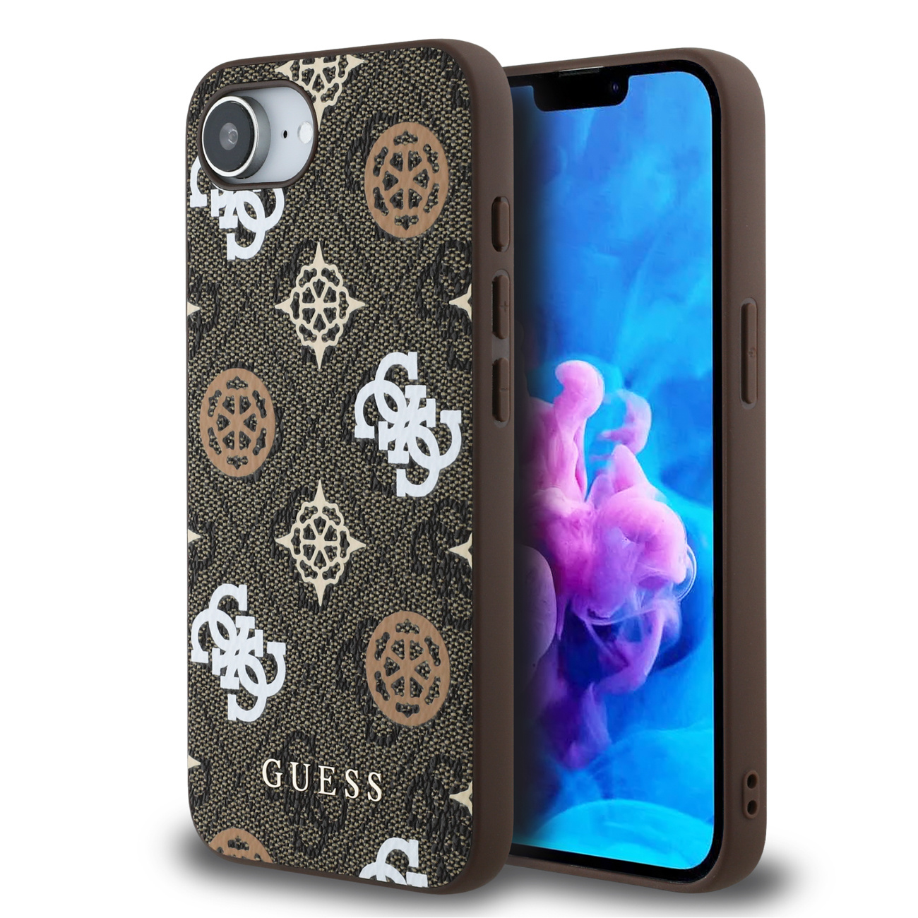 Etui na telefon z brązową ramką, wzór logo Guess. Widoczny ekran telefonu.