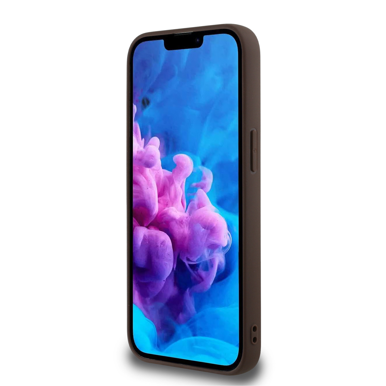 Brązowe etui na telefon z ekranem z różową i niebieską sztuką abstrakcyjną.