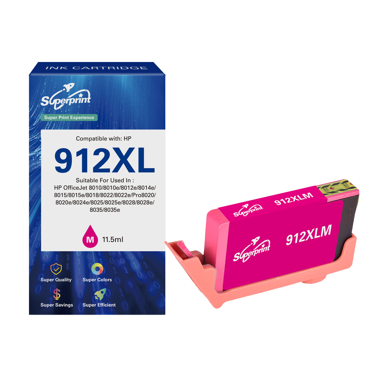 Scatola e cartuccia d'inchiostro. Scatola con testo e cartuccia rosa.