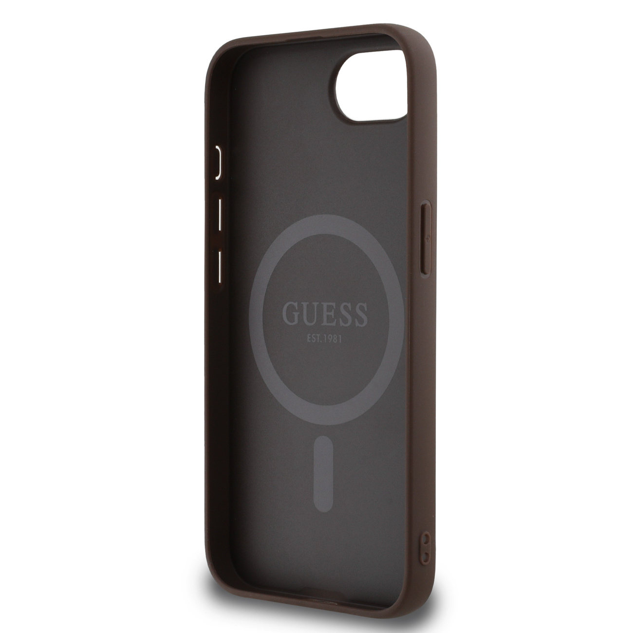 Wnętrze brązowego etui Guess z logo Guess.