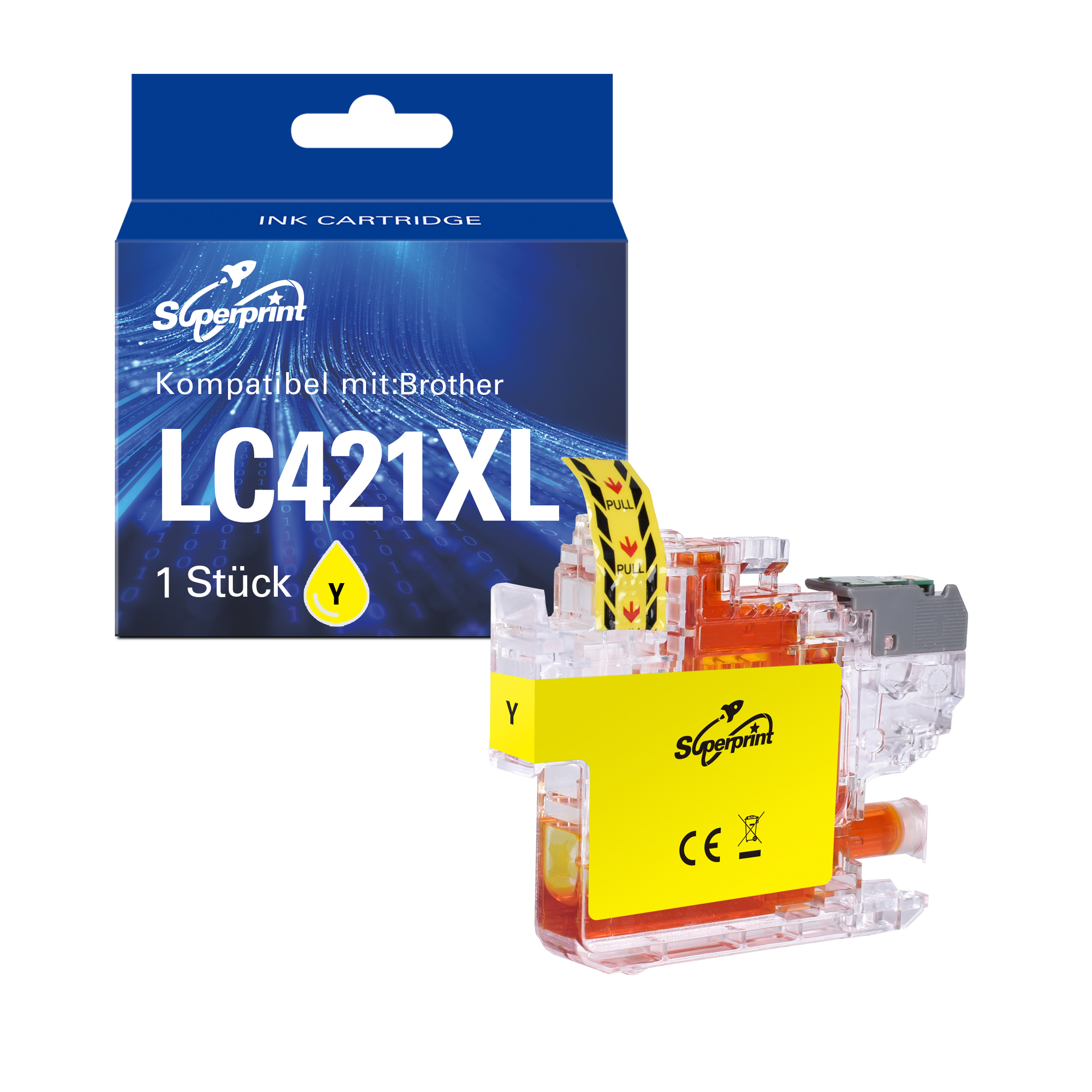 Gele inktcartridge en doos. De doos is blauw en wit met de merknaam Superprint.