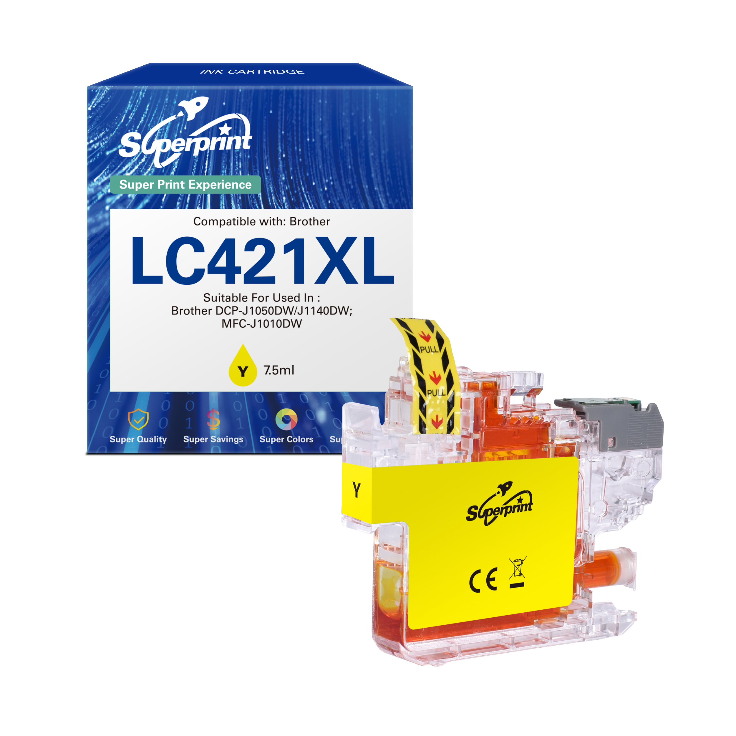 Gele inktcartridge en doos. De doos is blauw en wit met de merknaam Superprint, 7,5 ml.