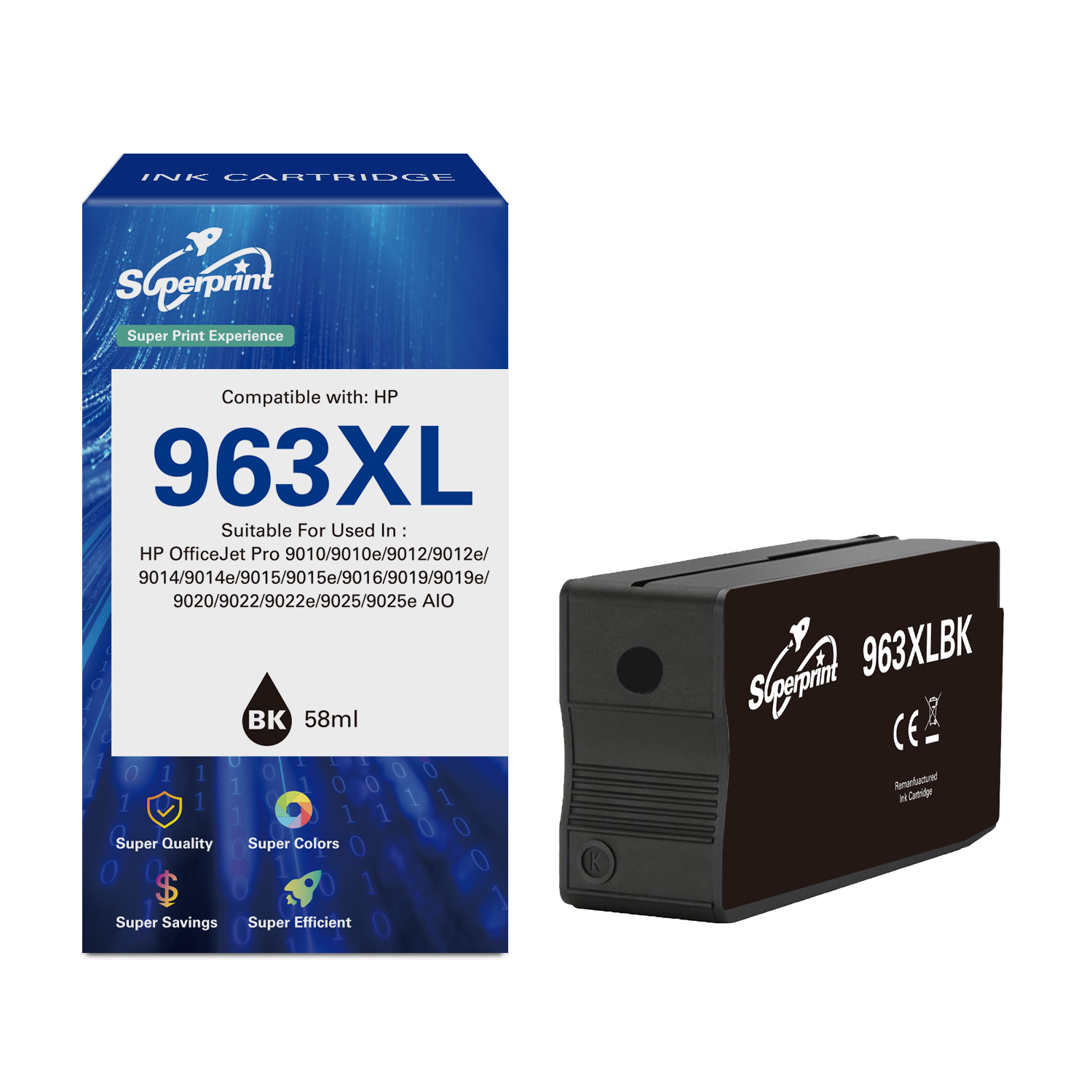 Boîte de cartouche d'encre et cartouche. La boîte est bleue et blanche avec '963XL'. Cartouche noire avec étiquette.