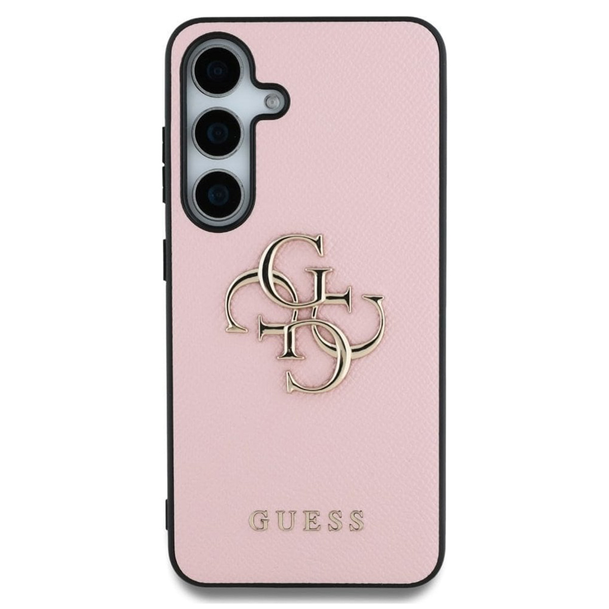 Custodia rosa con logo Guess dorato, vista angolata che mostra le lenti della fotocamera.