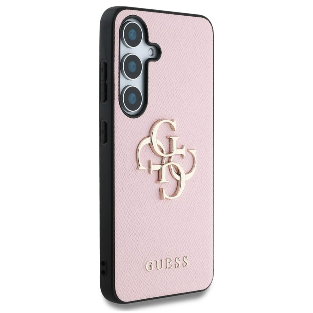 Custodia rosa con logo Guess dorato, vista laterale che mostra i ritagli della fotocamera.