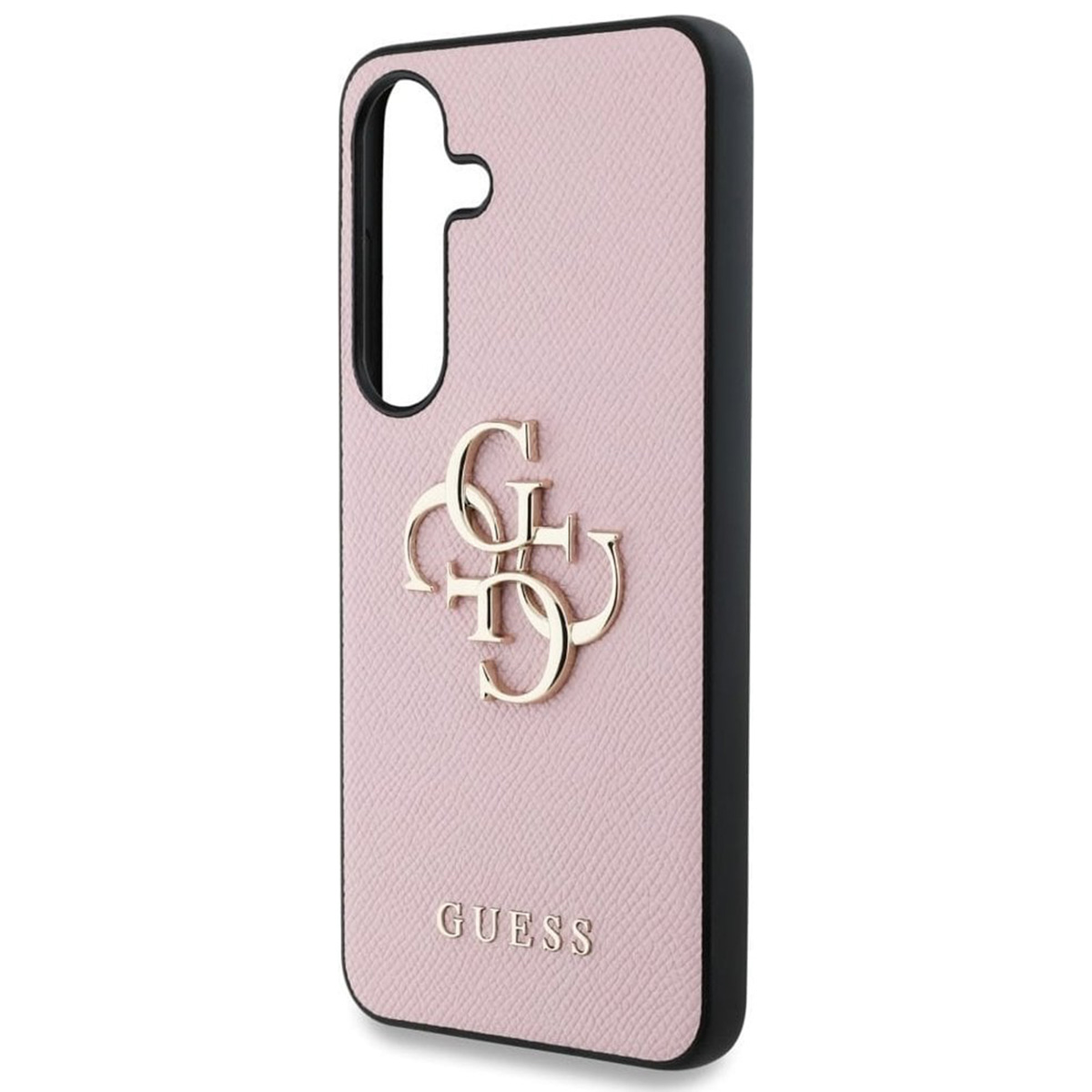 Una custodia rosa per telefono con il logo Guess dorato e un bordo nero.