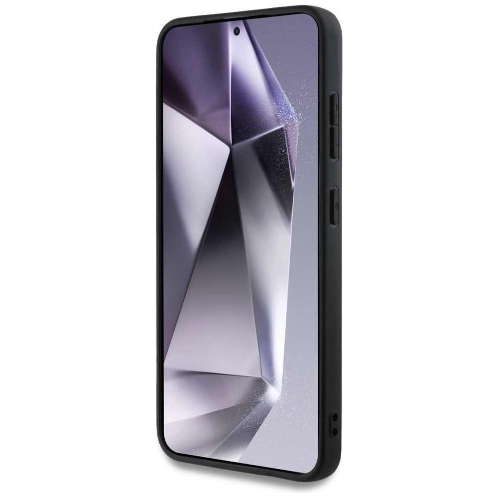 Un telefono in una custodia nera con un design geometrico sullo schermo.