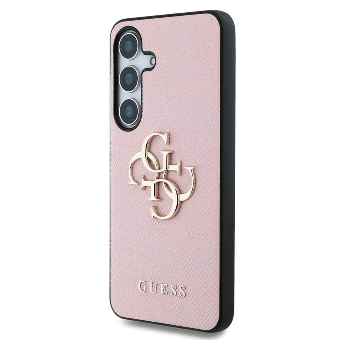Custodia rosa con logo Guess dorato, bordo nero e tre fotocamere.