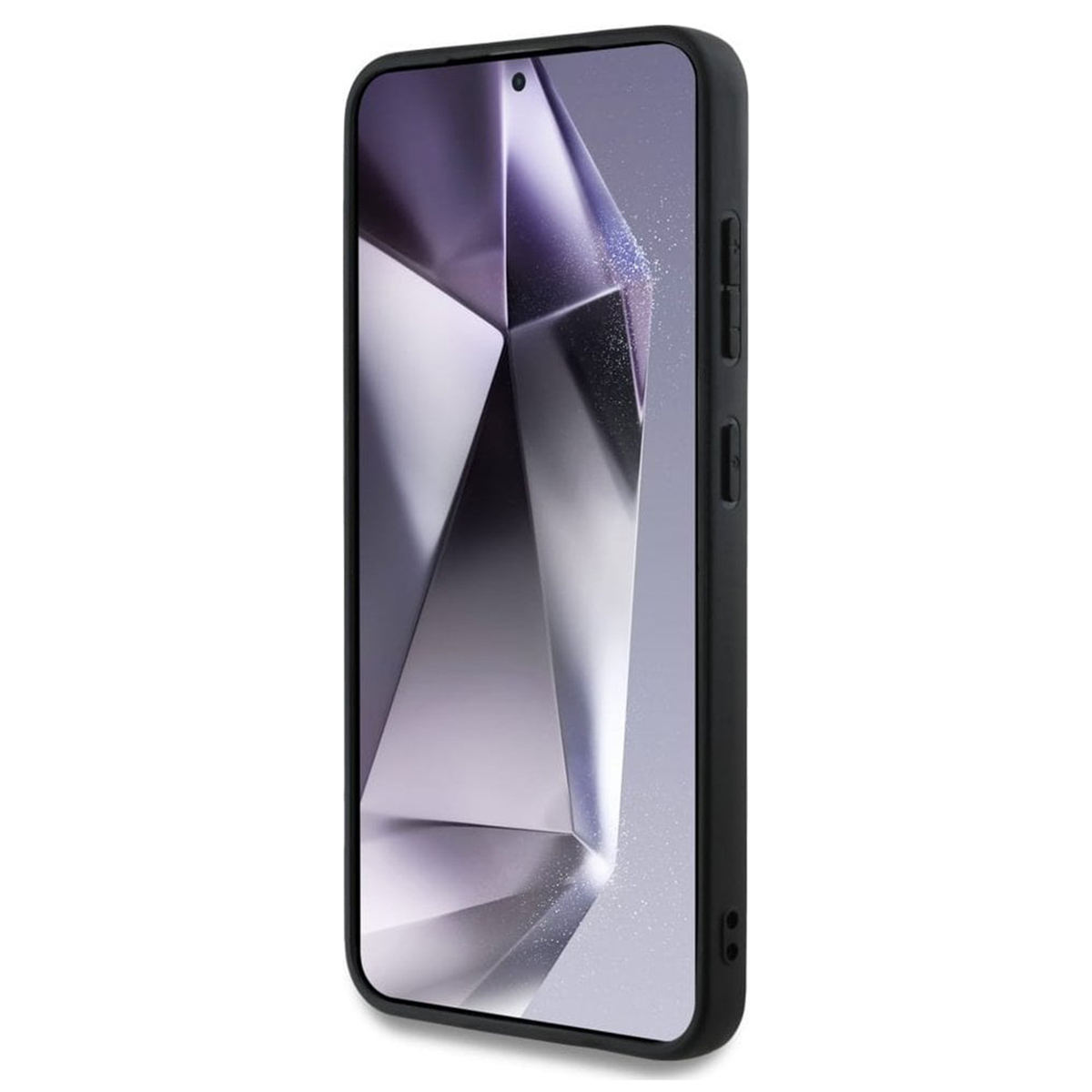 Un telefono in una custodia nera con un design geometrico sullo schermo.