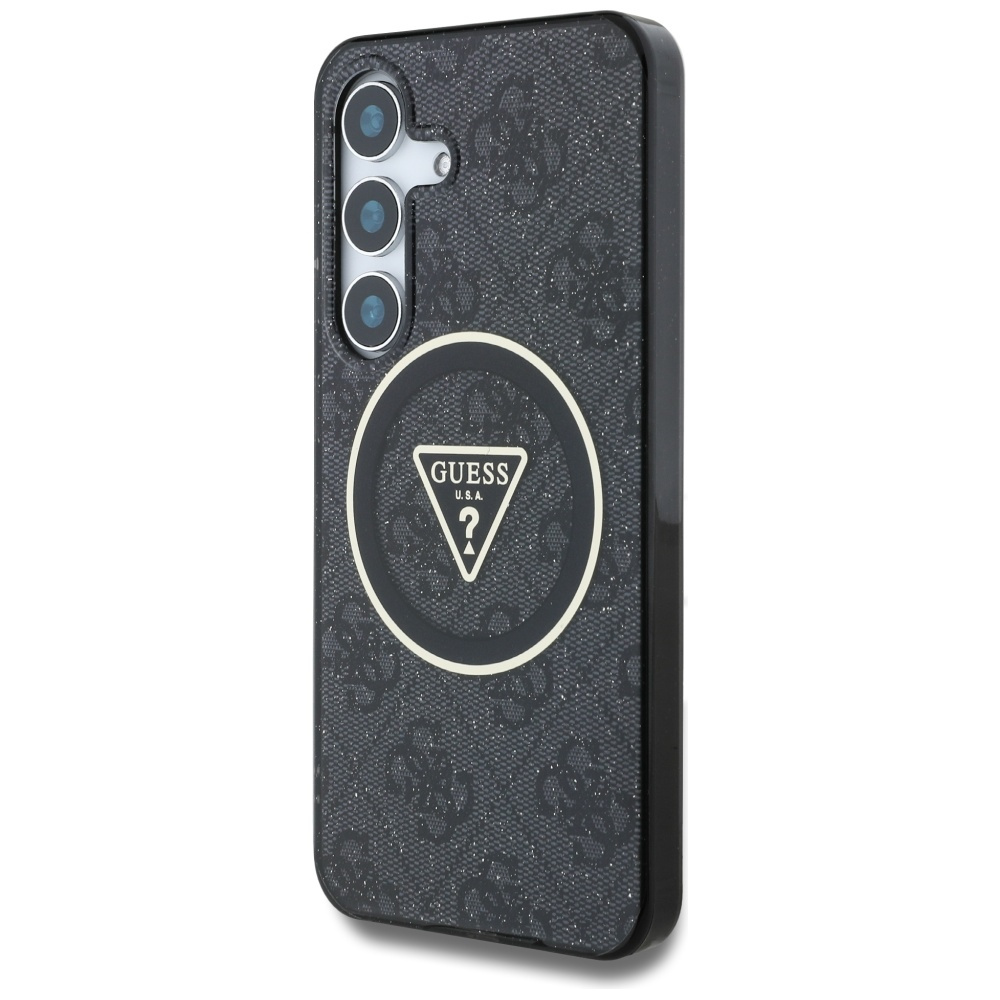 Un telefono con custodia Guess nera, fotocamere nere e logo Guess bianco.