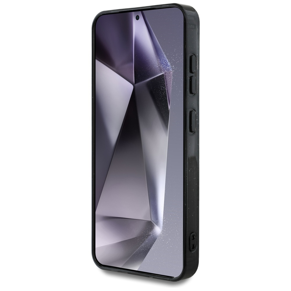 Un telefono in una custodia nera con un design geometrico sullo schermo.