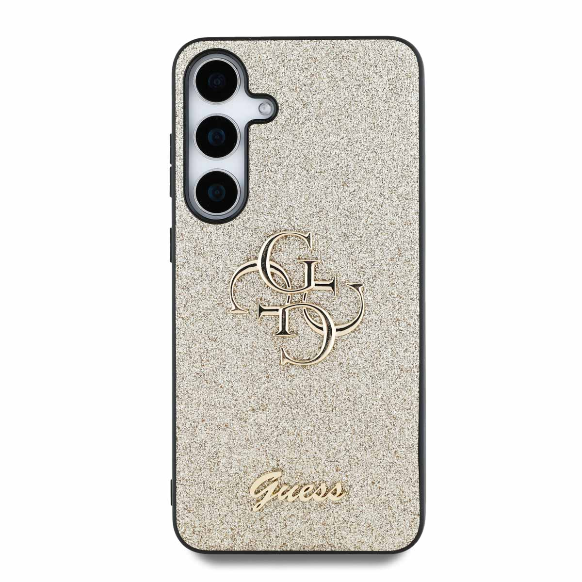 Custodia per telefono con logo Guess dorato. Retro dorato glitterato. Bordi neri. Telefono dentro.