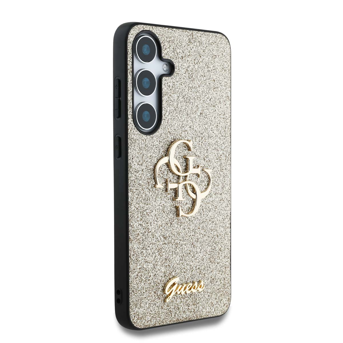 Custodia per telefono con logo Guess dorato. Retro dorato glitterato. Bordi neri. Telefono dentro.