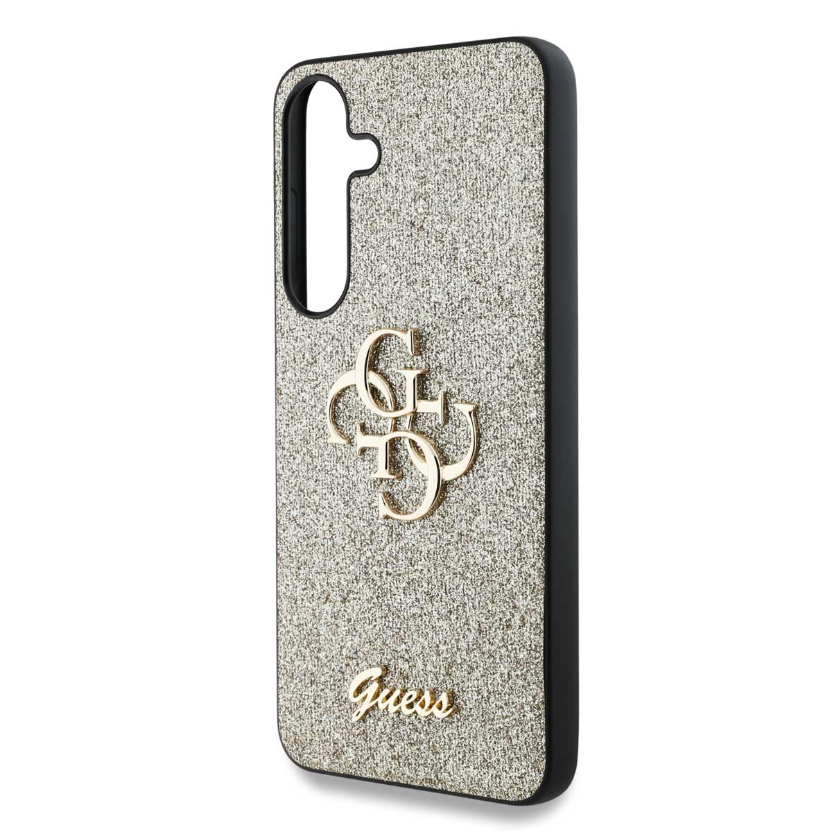 Custodia per telefono con logo Guess dorato. Retro dorato glitterato. Bordi neri. Telefono dentro.