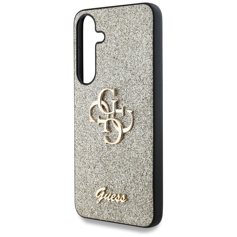 Custodia per telefono con logo Guess dorato. Retro dorato glitterato. Bordi neri. Telefono dentro.