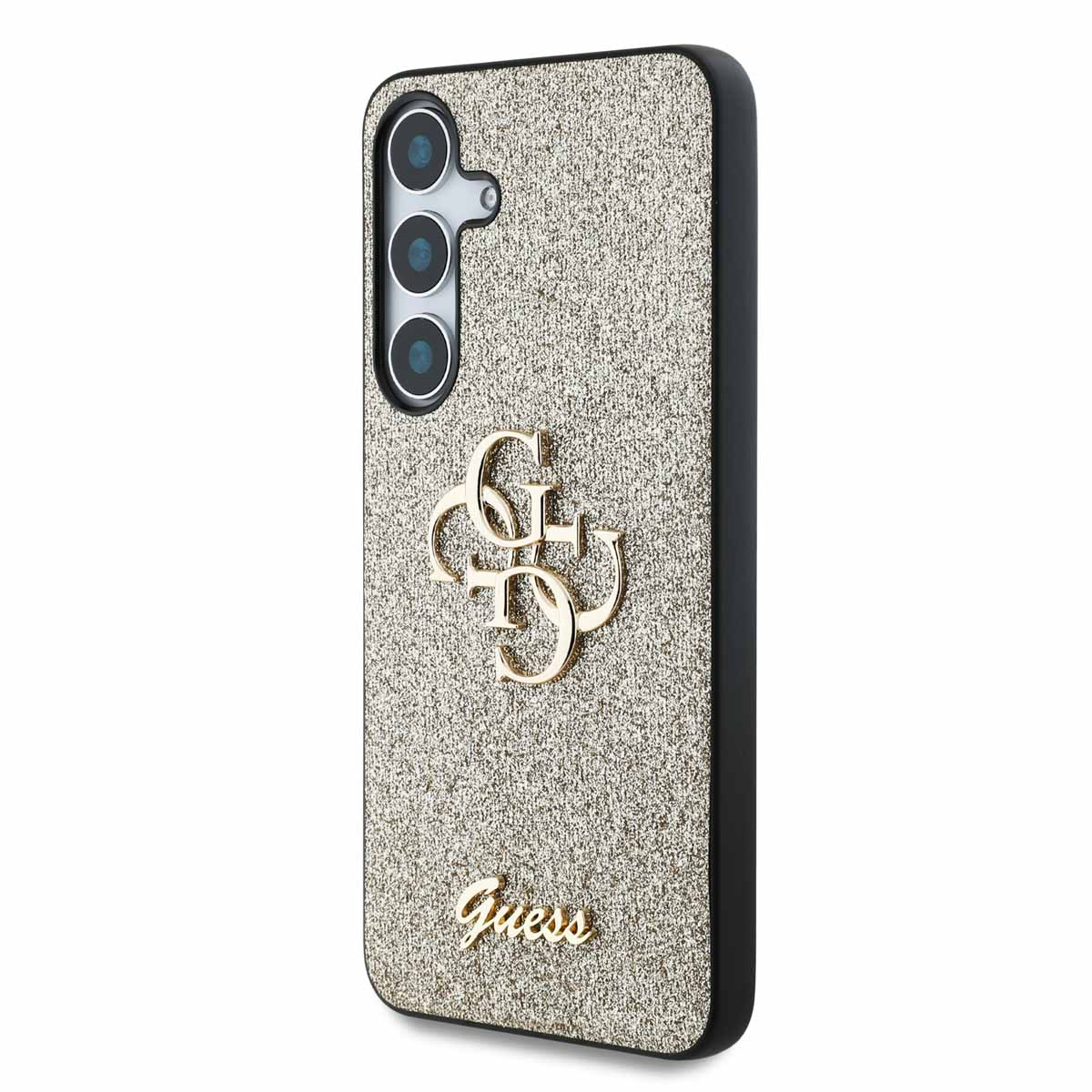 Una custodia per telefono dorata scintillante con un logo 'GUESS' dorato al centro.