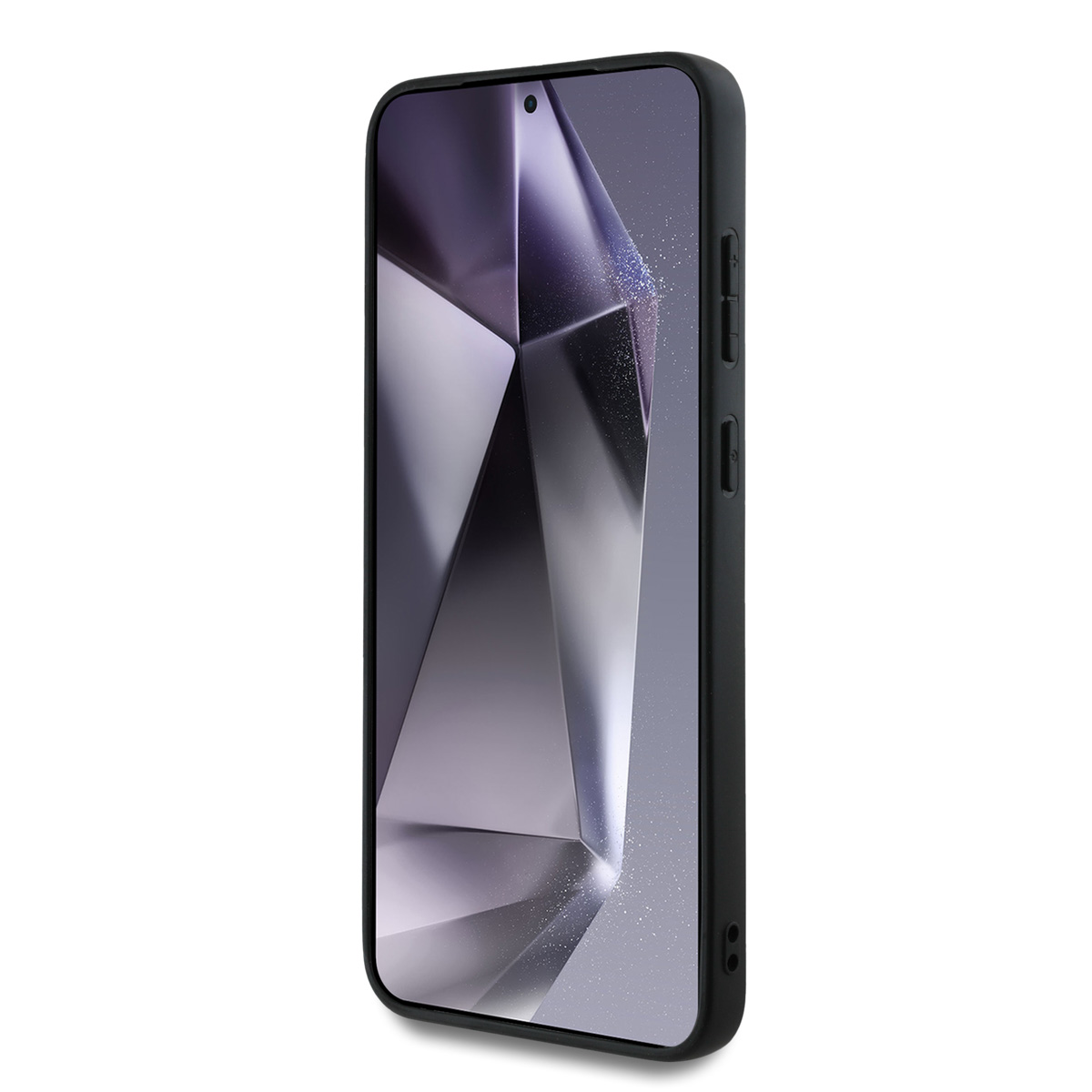 Una custodia per telefono nera con un motivo geometrico sullo schermo.