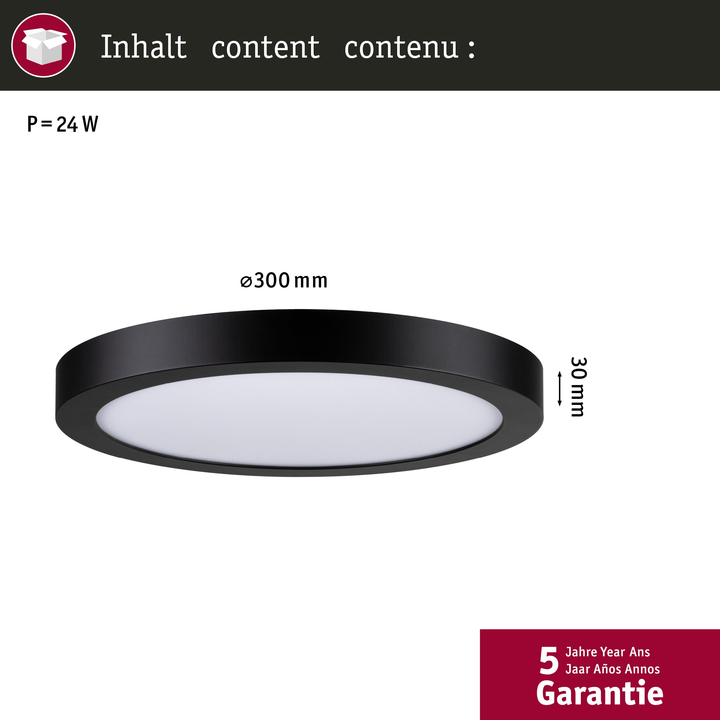 Un diagramma di una plafoniera rotonda nera con un centro bianco e dimensioni.