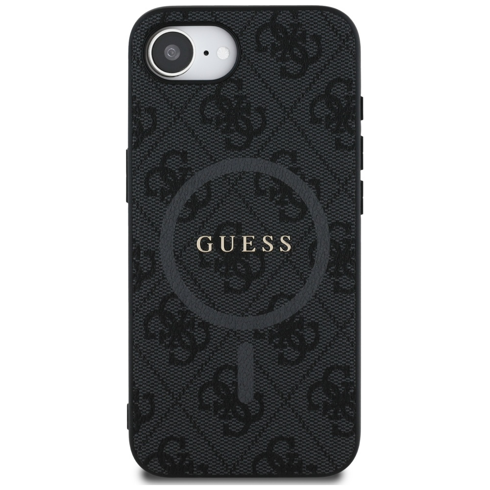 Custodia per telefono nera con motivo logo Guess e una fotocamera.