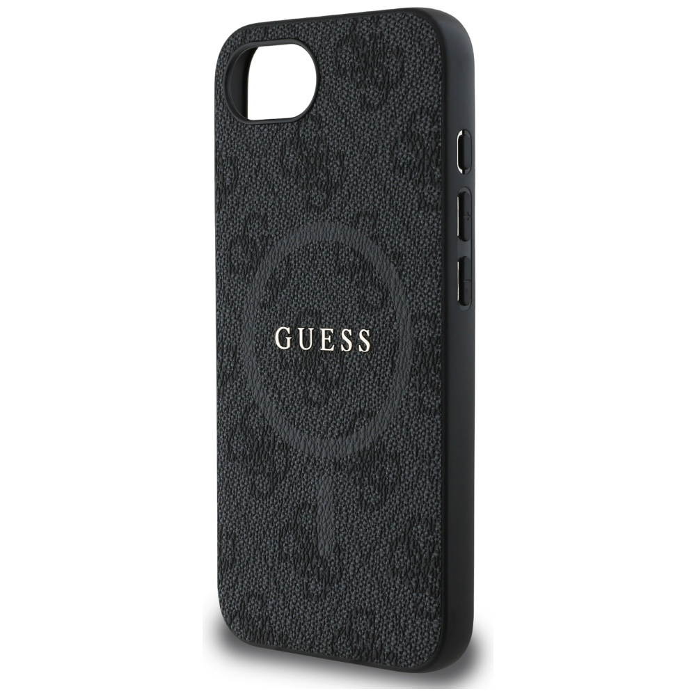 Custodia per telefono nera con motivo logo Guess e una fotocamera.