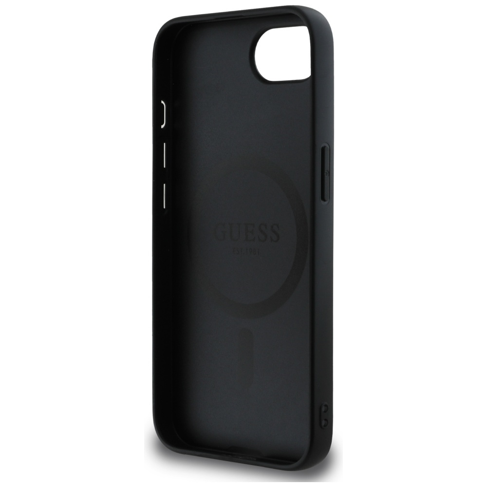 Interno della custodia nera per telefono con il logo Guess.