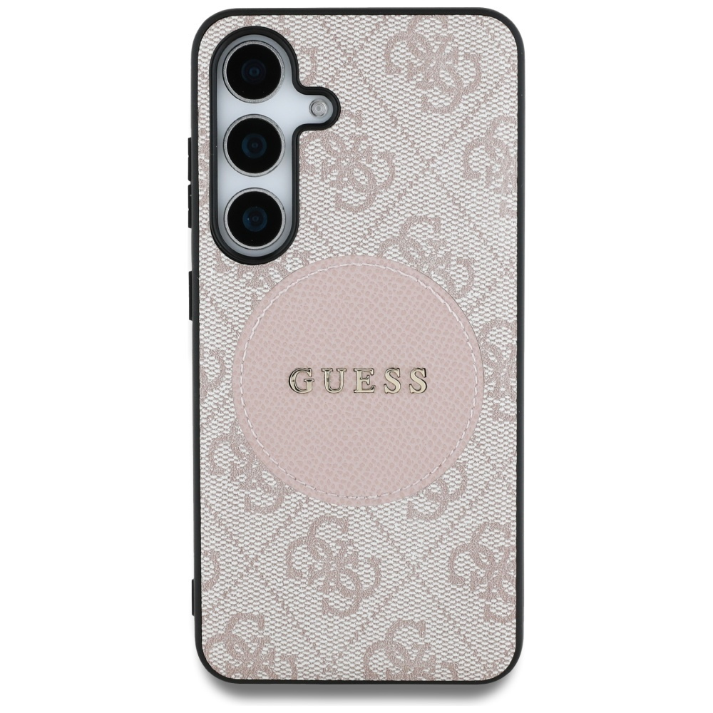 Etui na telefon Guess z monogramem i różowym okrągłym logo na białym tle.