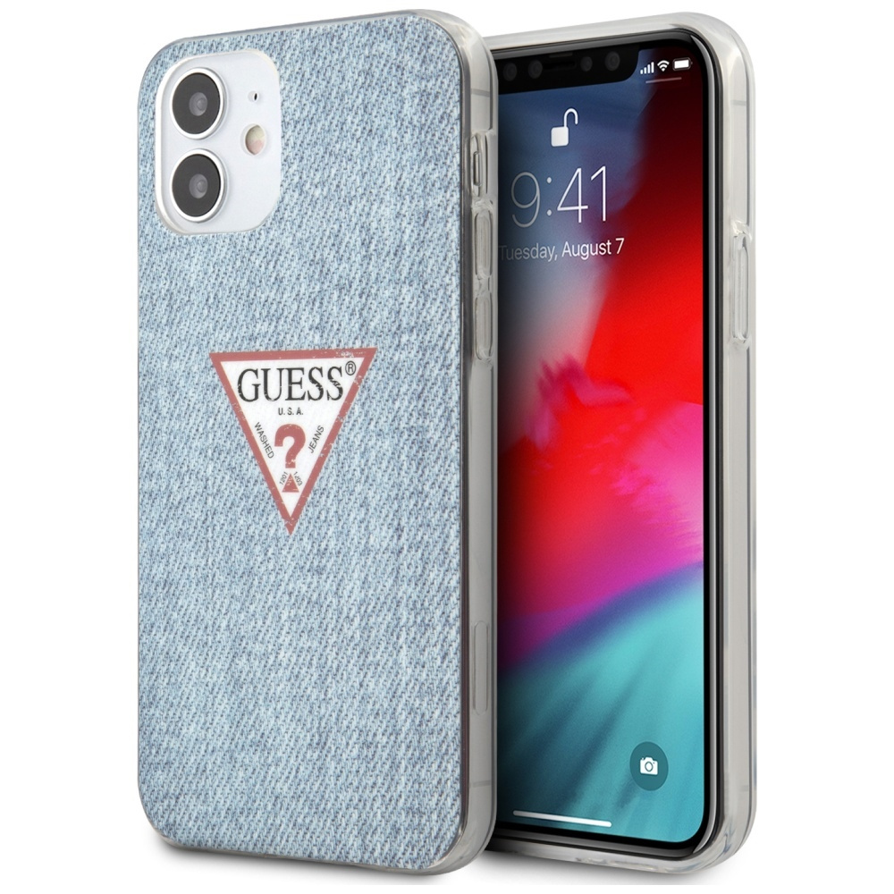 Etui na telefon z teksturą dżinsu i logo Guess obok smartfona wyświetlającego godzinę 9:41.