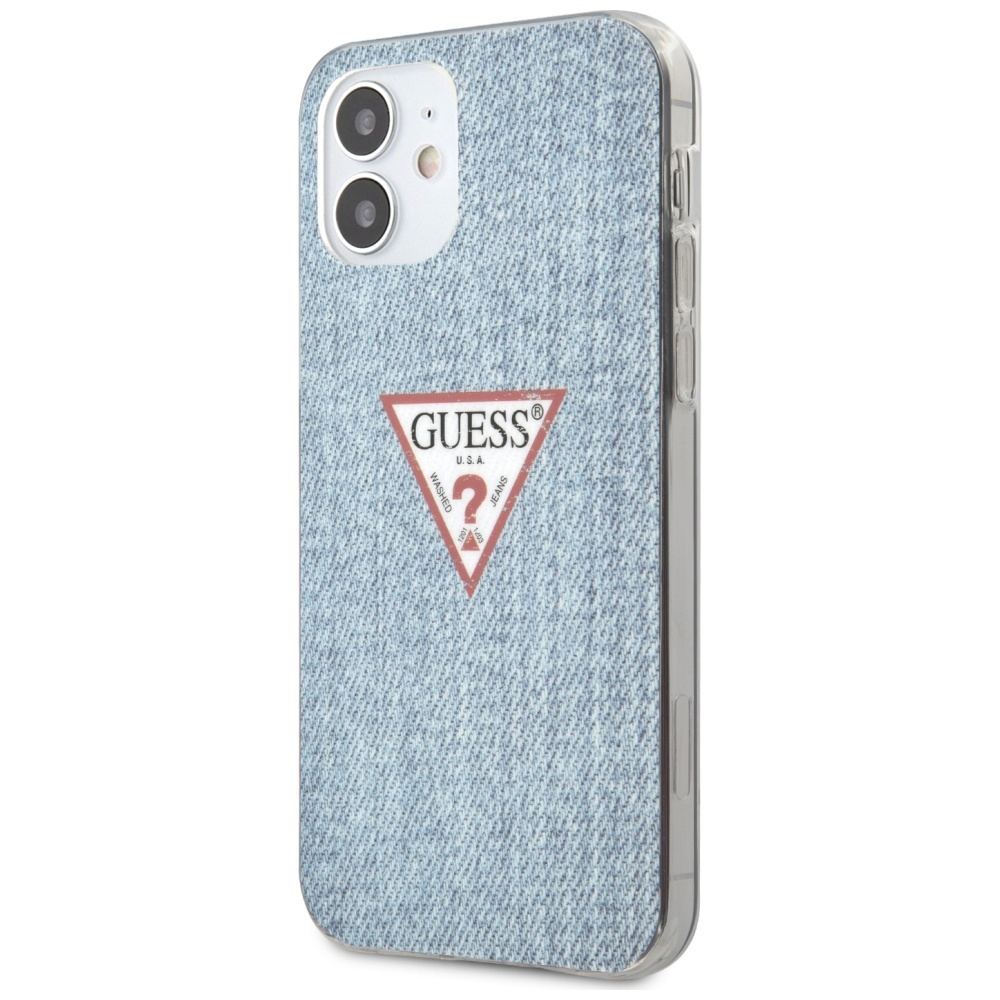 Etui na telefon z teksturą dżinsu i logo Guess na białym tle, orientacja pionowa.