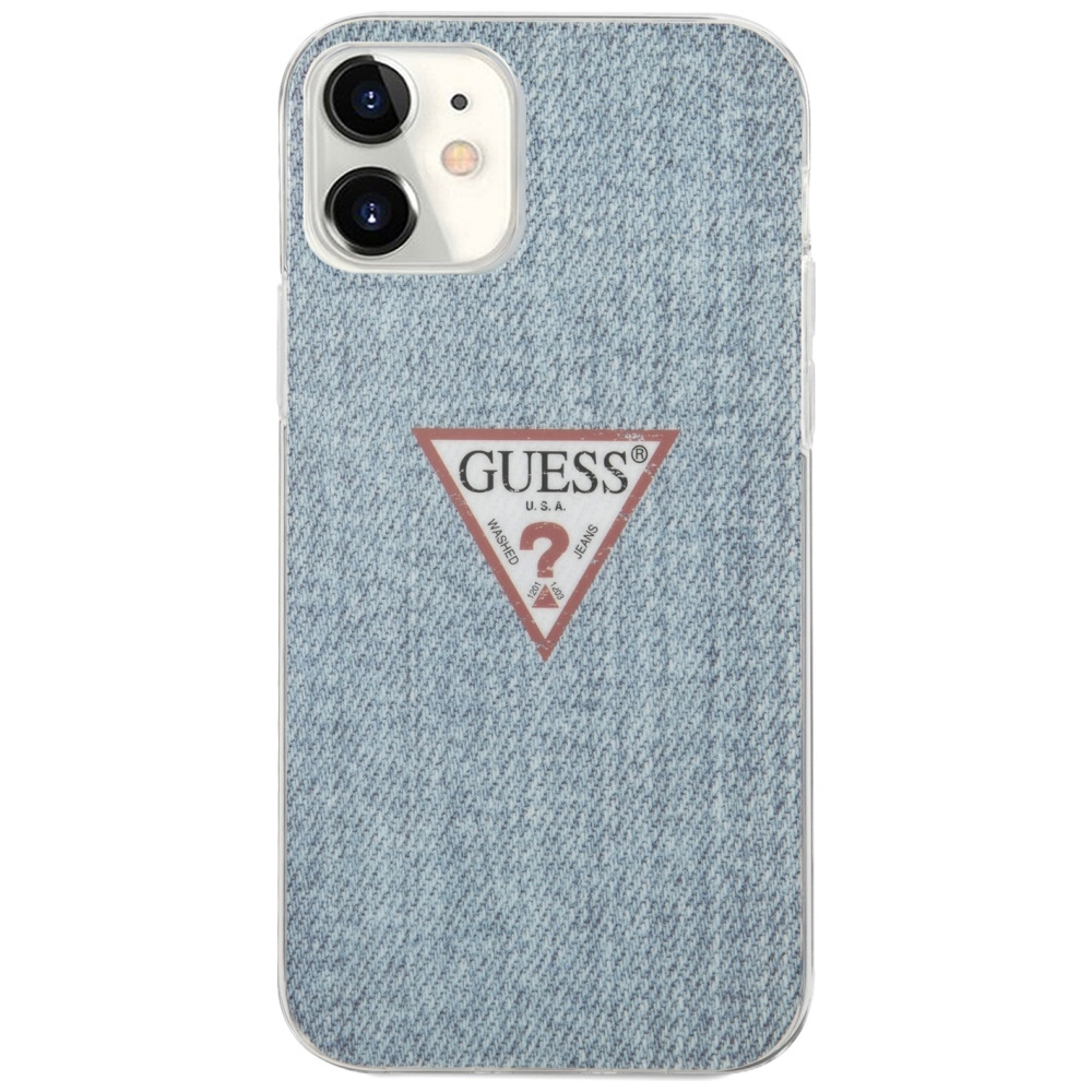 Etui na telefon z teksturą dżinsu i logo Guess na białym tle, orientacja pozioma.