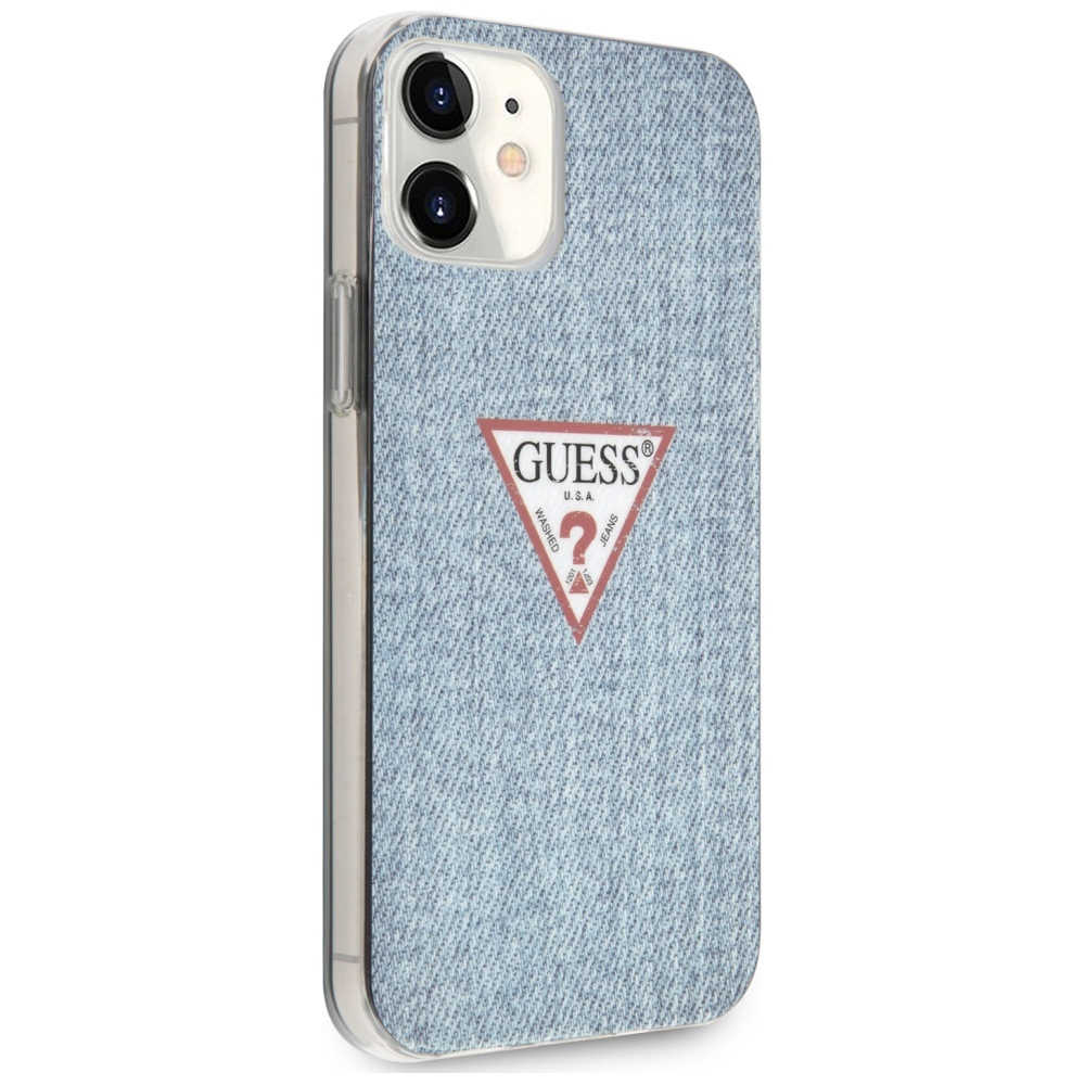 Etui na telefon z teksturą dżinsu i logo Guess na białym tle, orientacja pionowa.