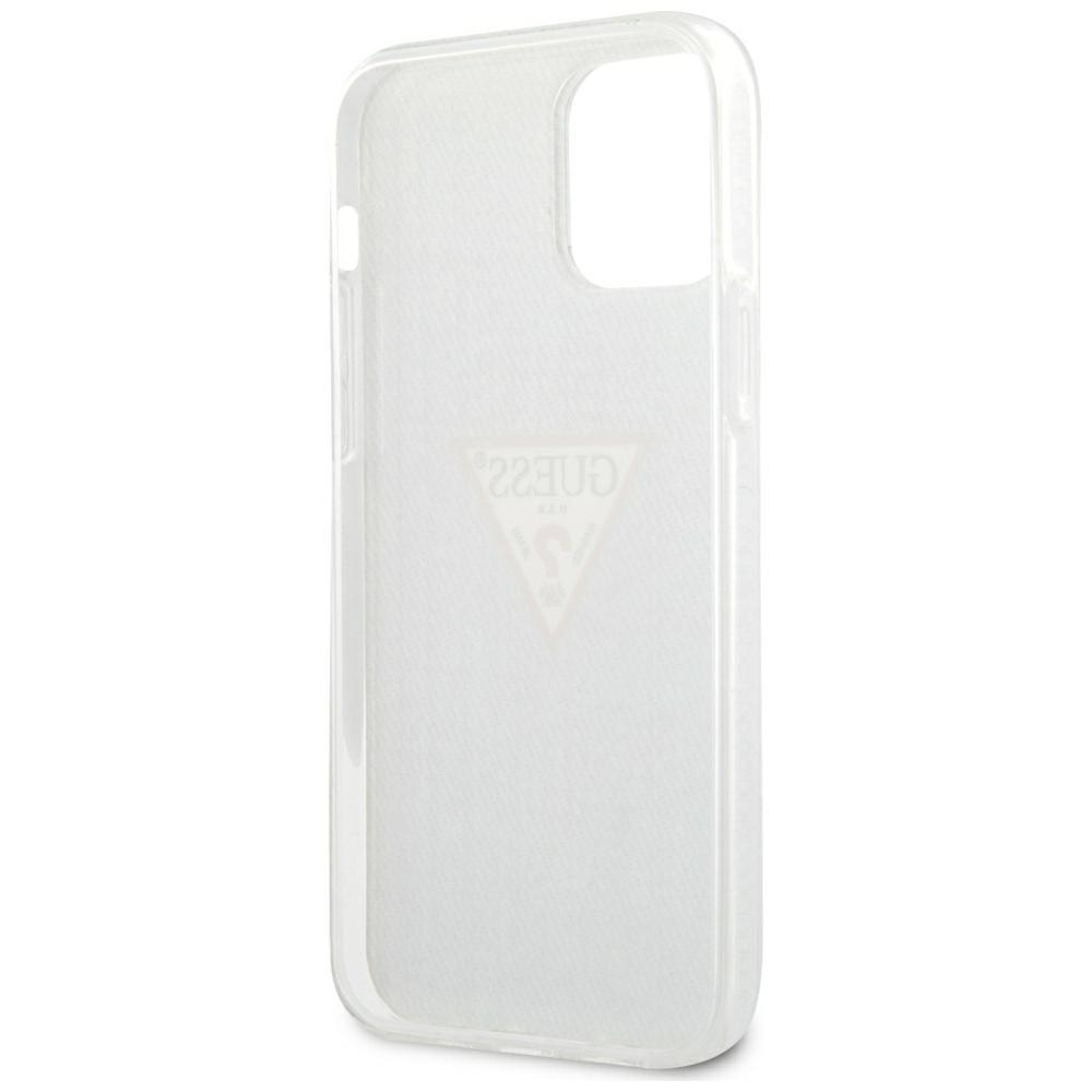 Przezroczyste etui na telefon z logo Guess pośrodku. Etui jest półprzezroczyste i pokazuje design telefonu.