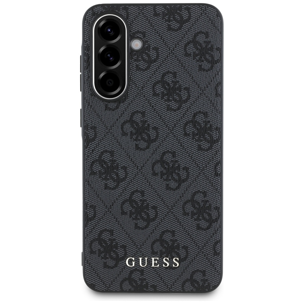 Czarne etui na telefon Guess z wzorem logo, z wycięciami na aparat i bocznymi przyciskami na białej powierzchni.
