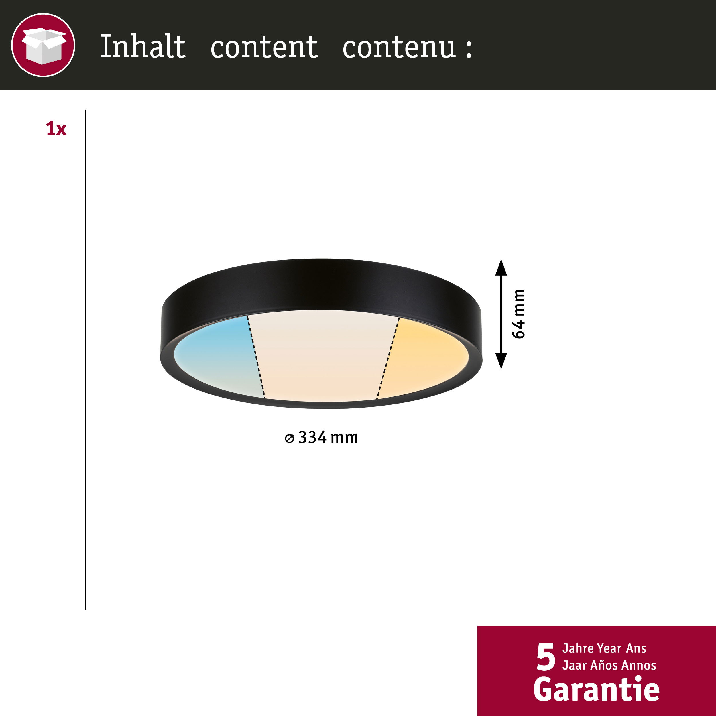 Czarna, okrągła lampa sufitowa z białym dyfuzorem z regulacją barw, o średnicy 334 mm i wysokości 64 mm.