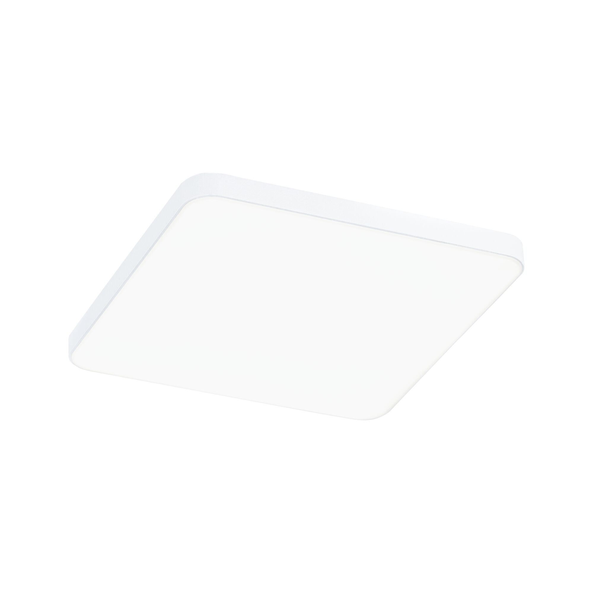 Kwadratowa, biała lampa sufitowa z białym dyfuzorem na tle prostego, białego tła.