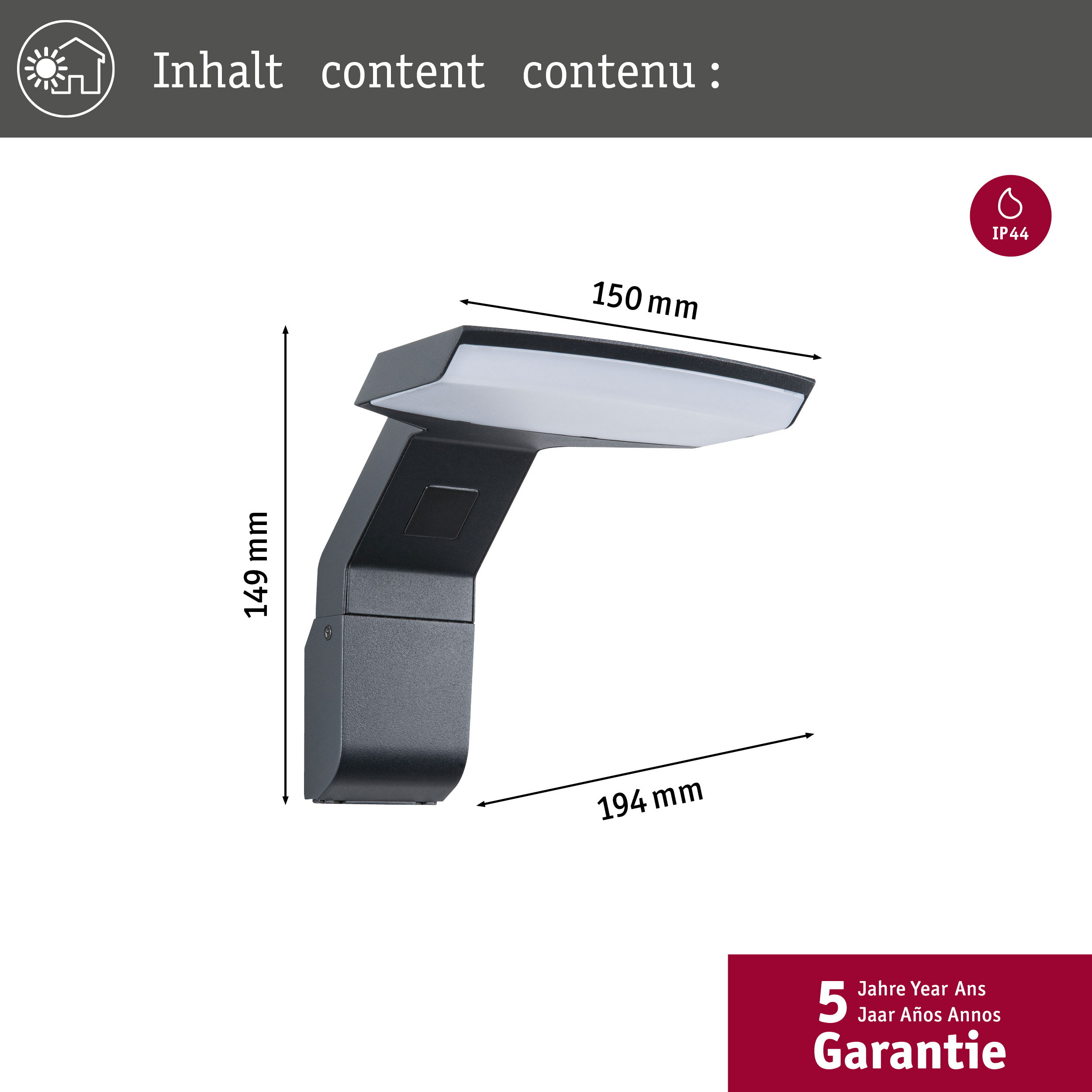 Na białym tle wyświetlane jest czarne oświetlenie zewnętrzne z wymiarami.