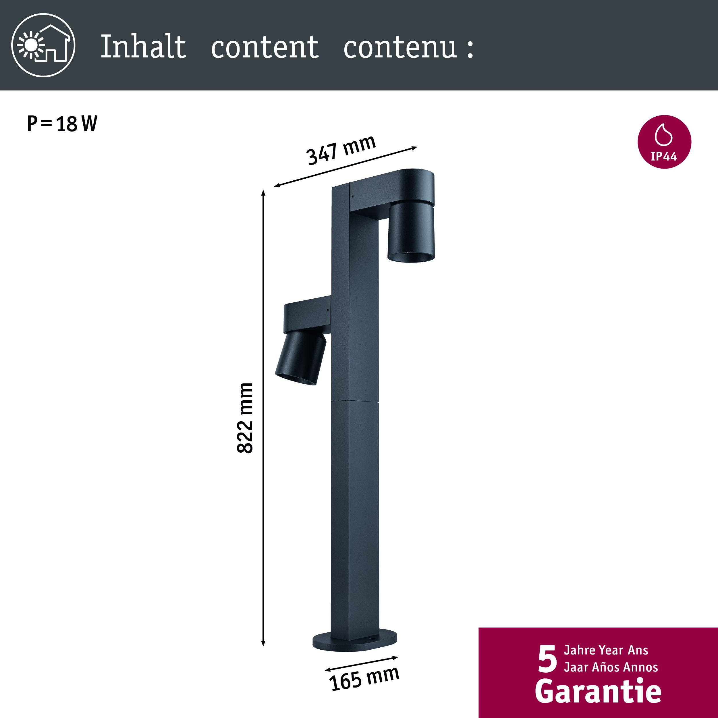 Czarna oprawa oświetleniowa zewnętrzna z wymiarami znajduje się na białym tle.