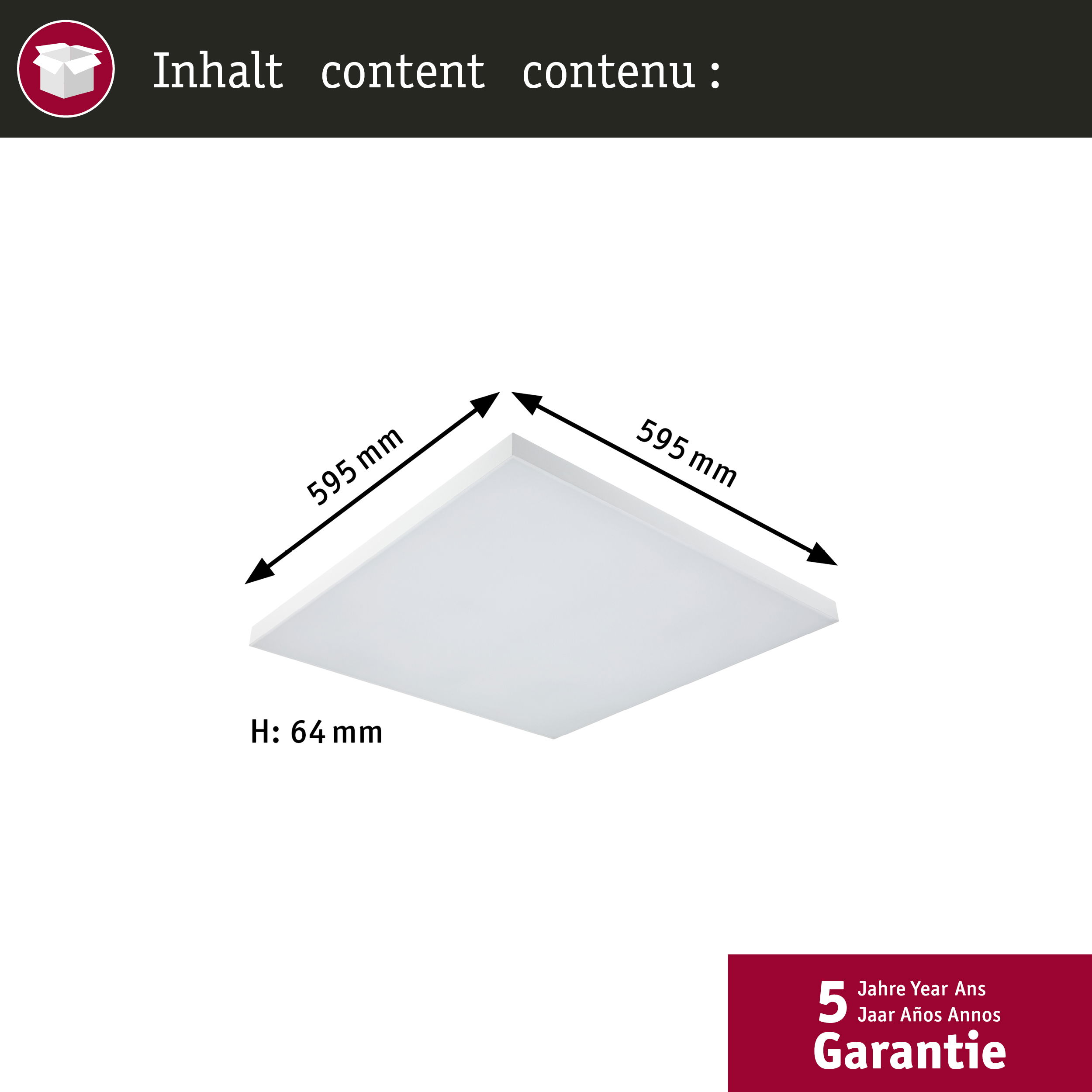 Ein Diagramm zeigt die Abmessungen einer quadratischen Deckenleuchte mit einem weißen Diffusor vor einem weißen Hintergrund.