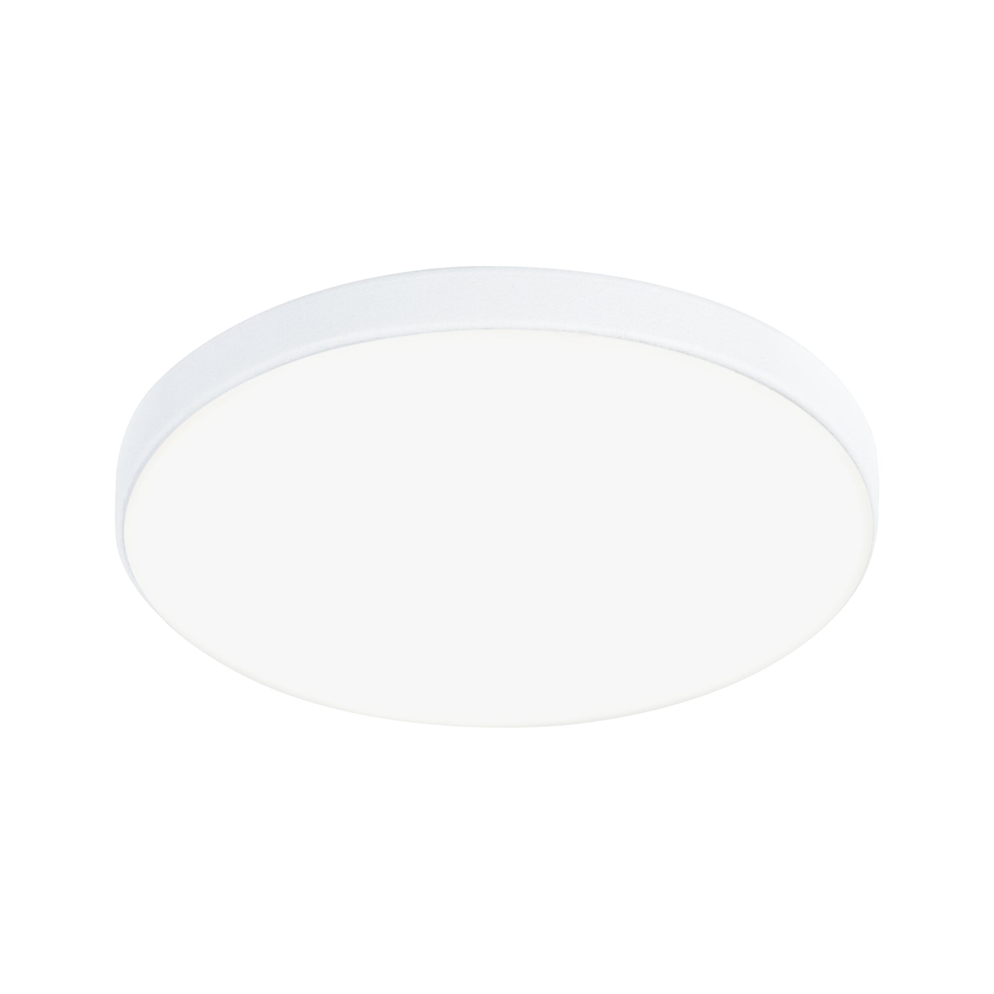 Eine weiße, runde Deckenleuchte mit einem weißen, kreisförmigen Diffusor ist auf einem weißen Hintergrund zentriert.