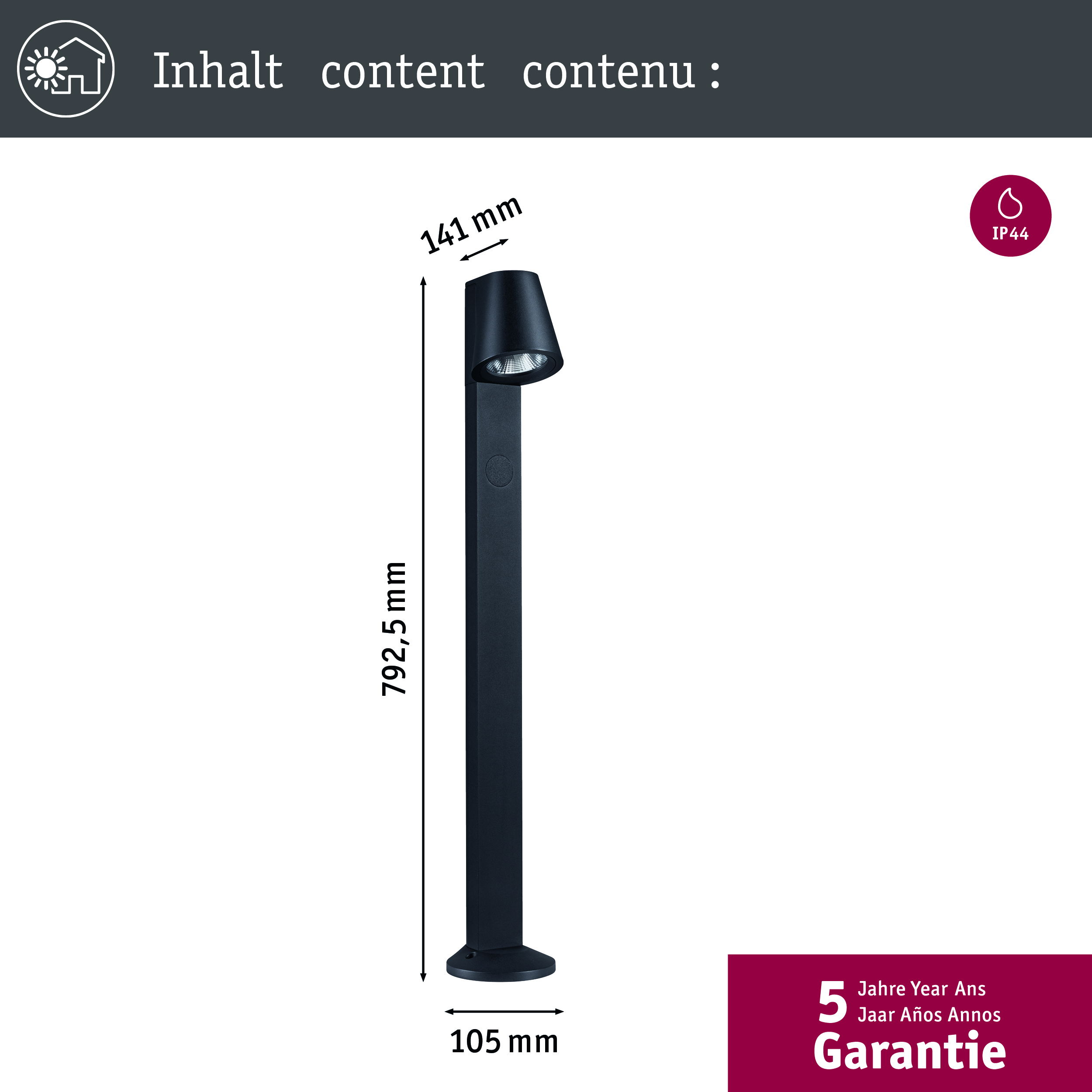 Czarna oprawa oświetleniowa zewnętrzna z wymiarami. Logo gwarancji na dole.