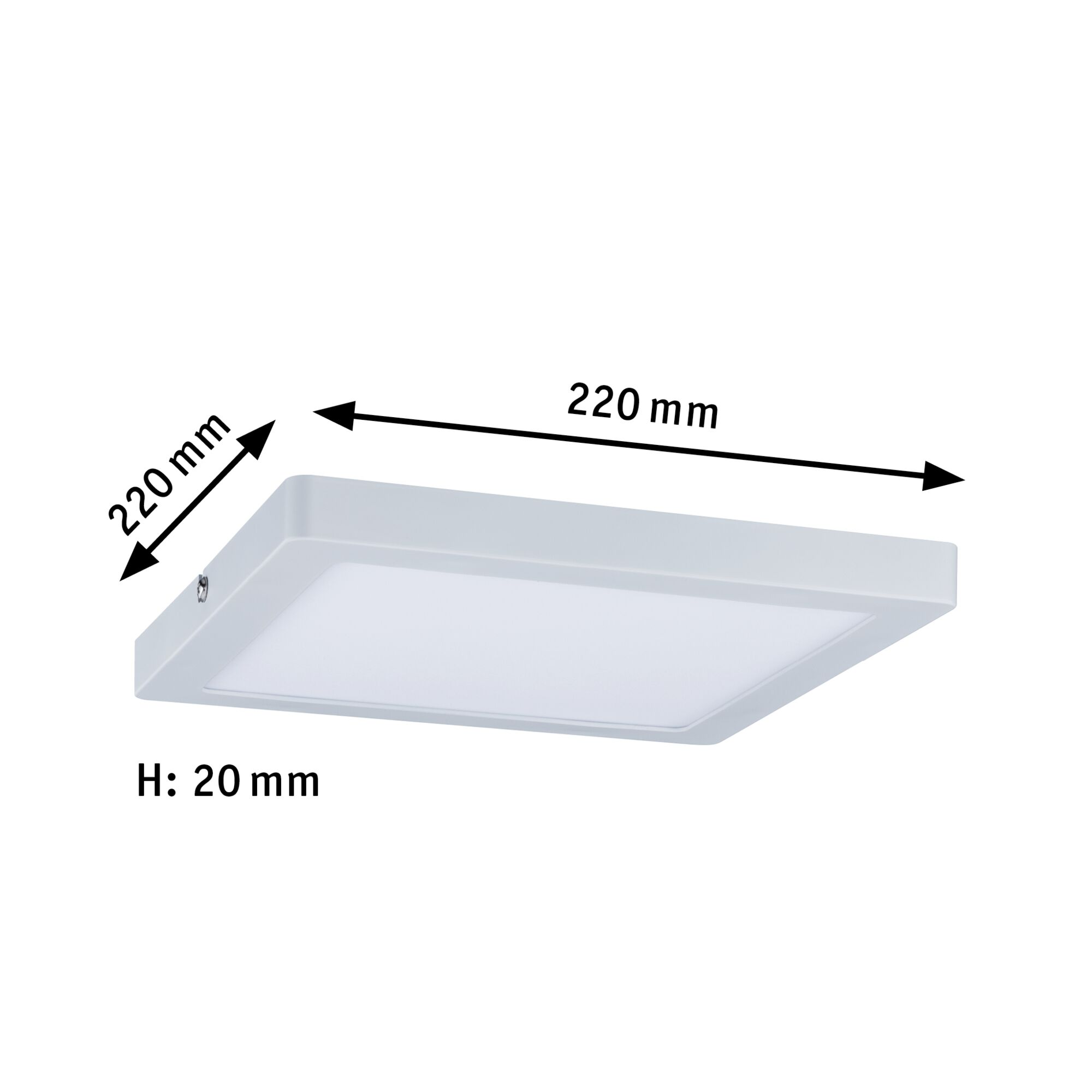 Plafoniere LED quadrata bianca con dimensioni. Frecce e testo neri indicano le misure.