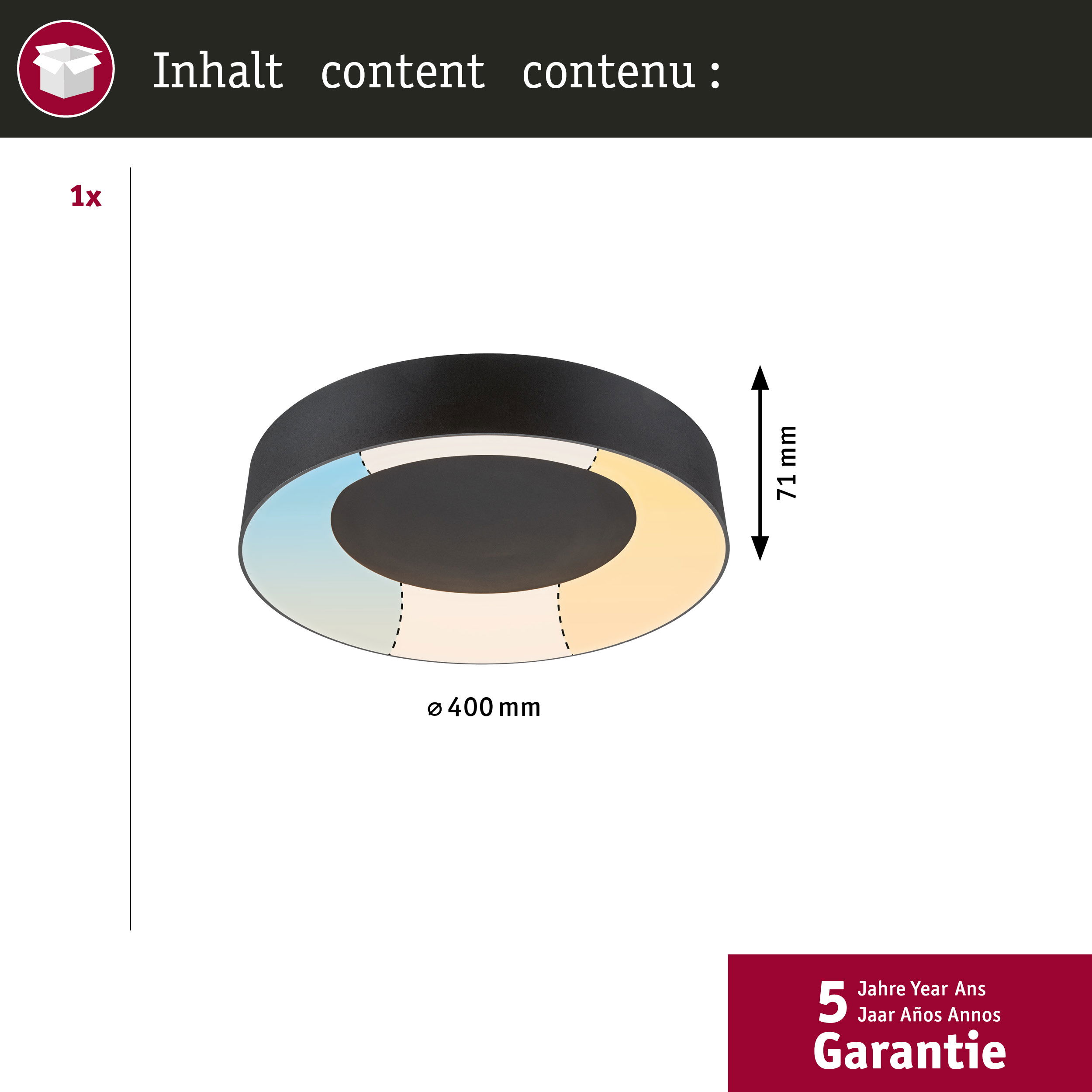 Schwarzes rundes LED-Licht mit Farbwechsel-Abschnitten. Text zeigt Abmessungen. Garantie-Badge unten.