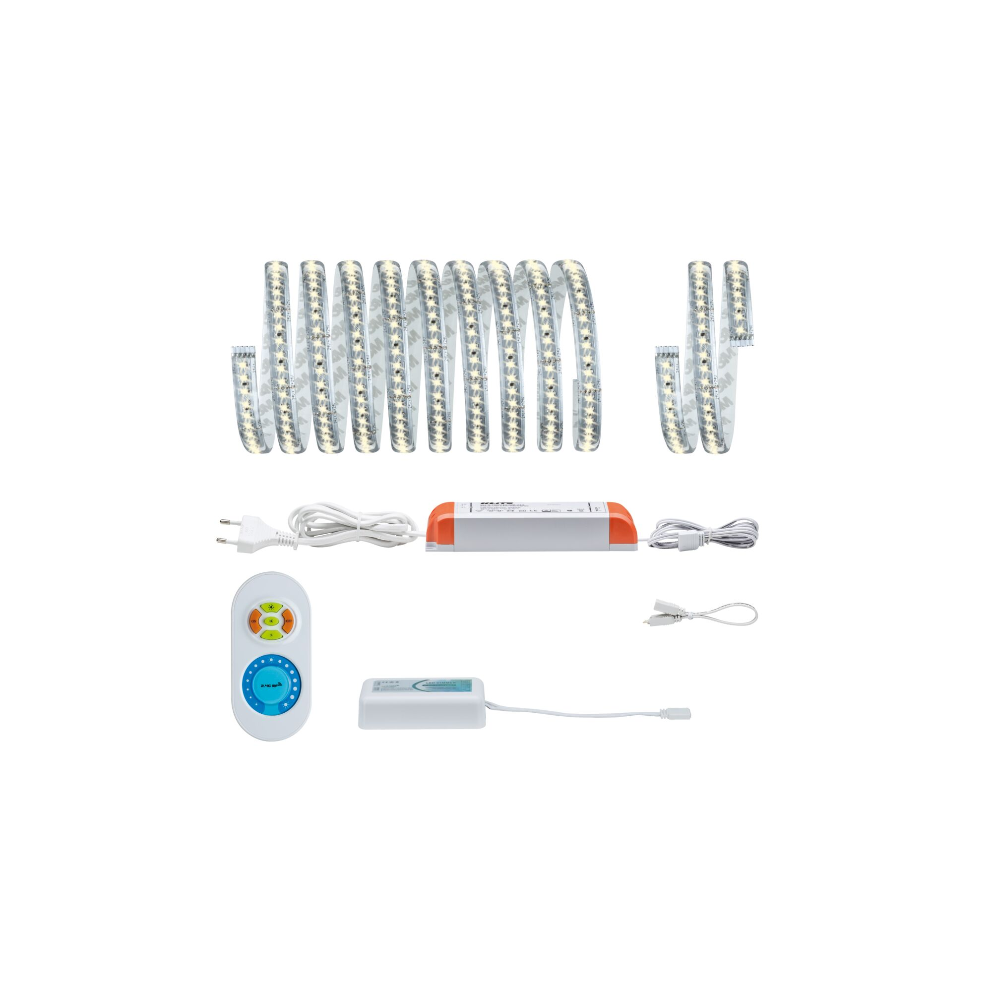Zestaw taśm LED, kontroler, pilot i zasilacz, wszystko na białym tle.