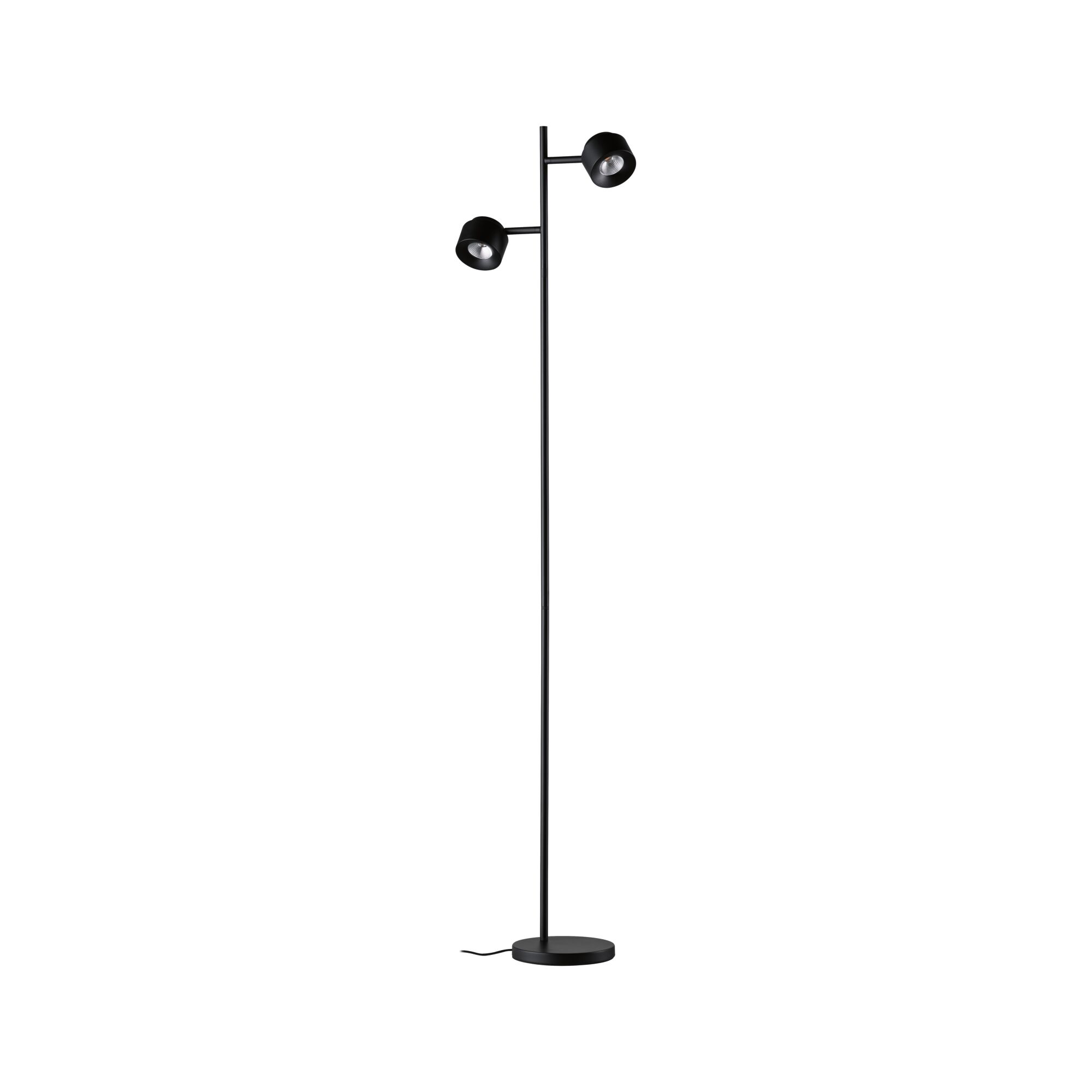 Eine schwarze Stehlampe mit zwei verstellbaren Strahlern vor einem weißen Hintergrund.