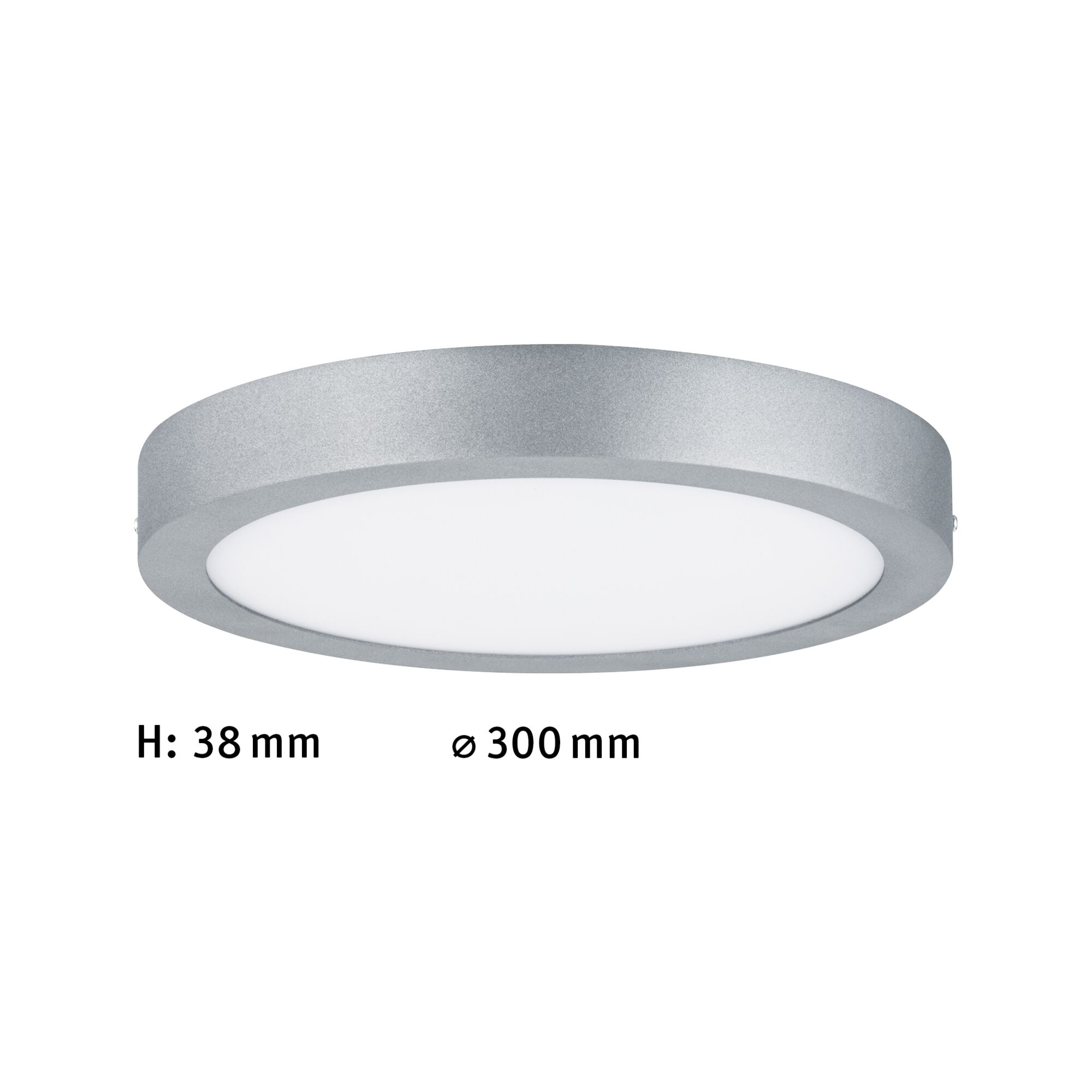 Una plafoniera rotonda argentata con dimensioni visualizzate su uno sfondo bianco.