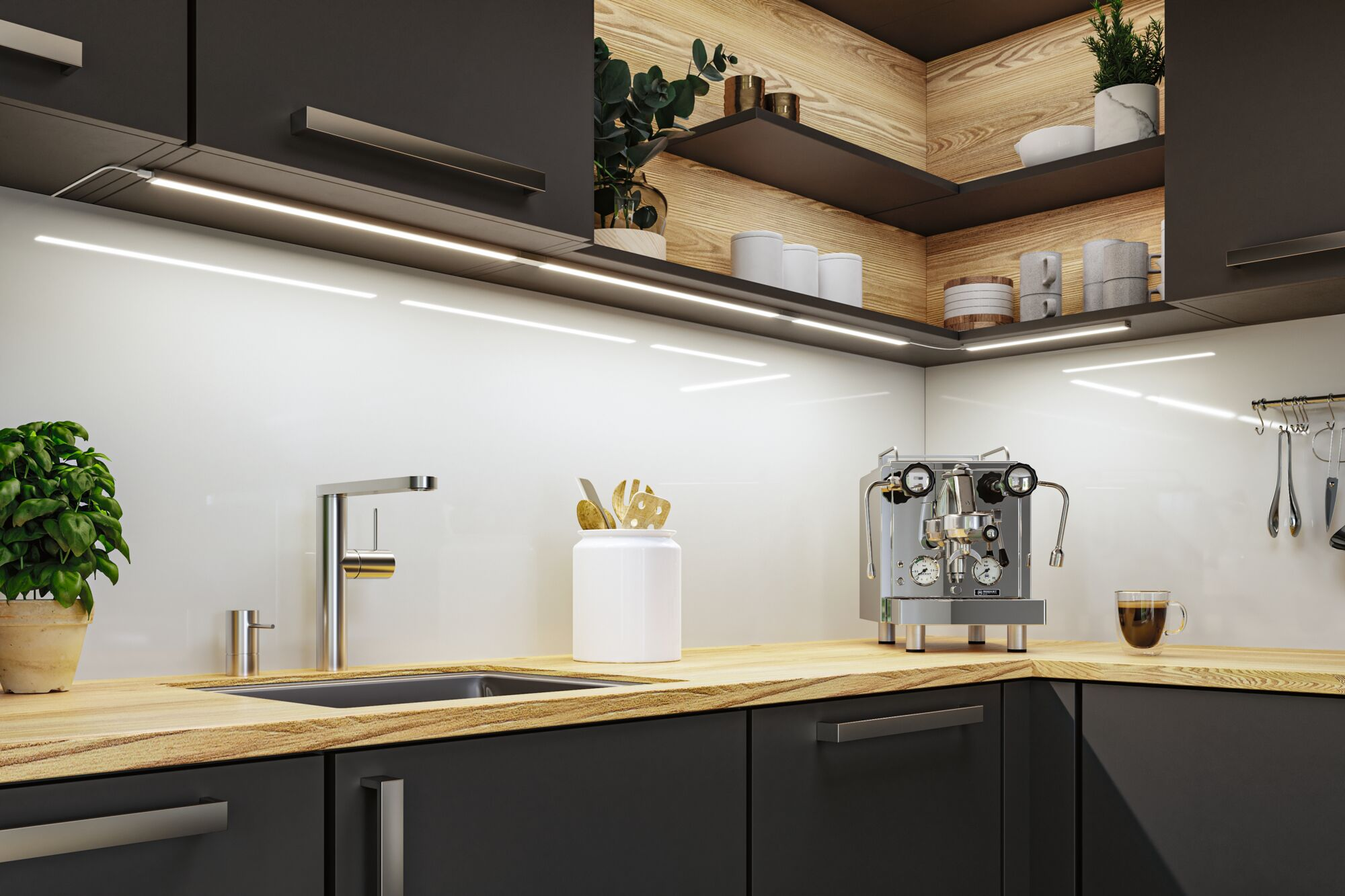 Nowoczesna kuchnia z szarymi szafkami, drewnianymi akcentami i oświetleniem podszafkowym.