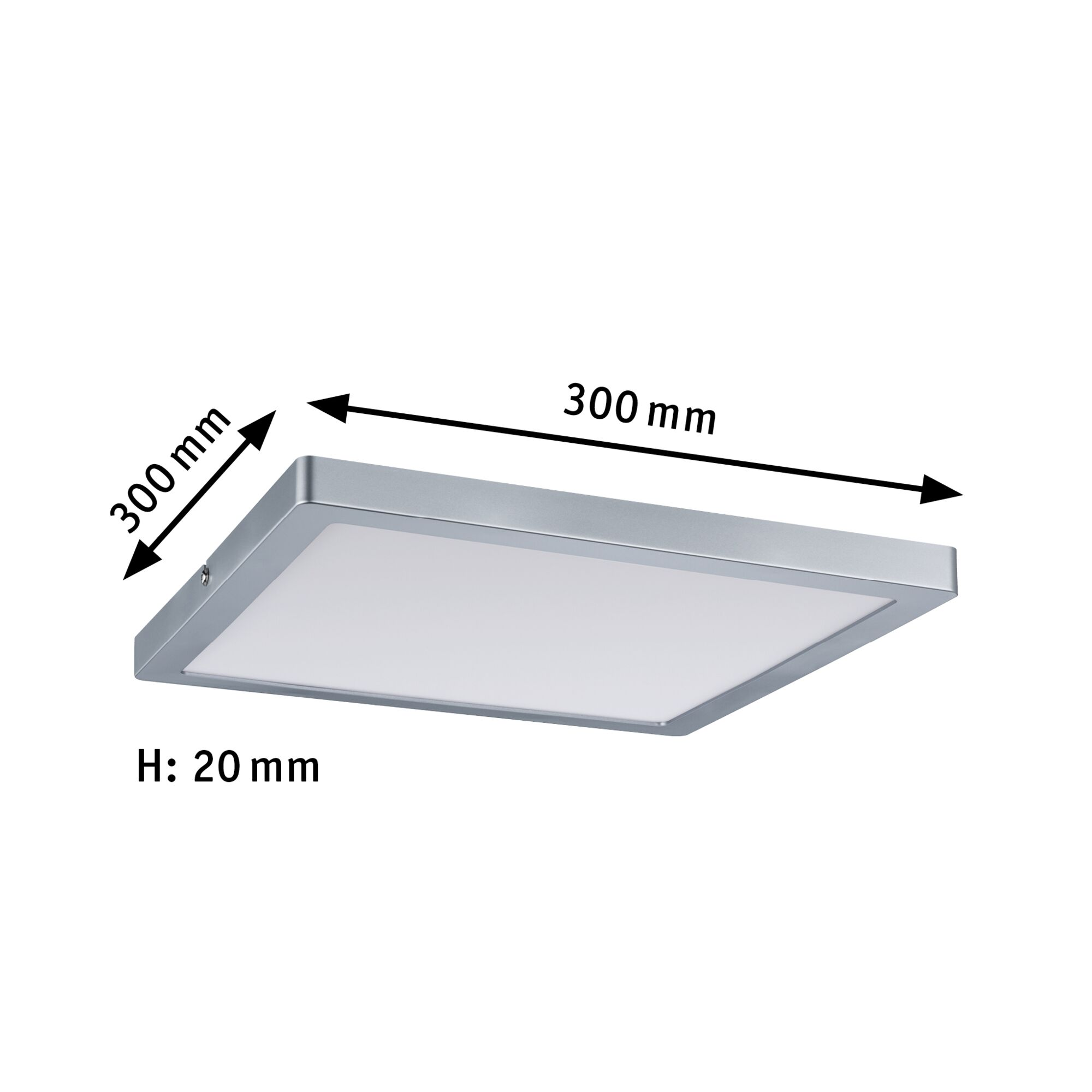 Una plafoniera LED quadrata con dimensioni è su uno sfondo bianco.