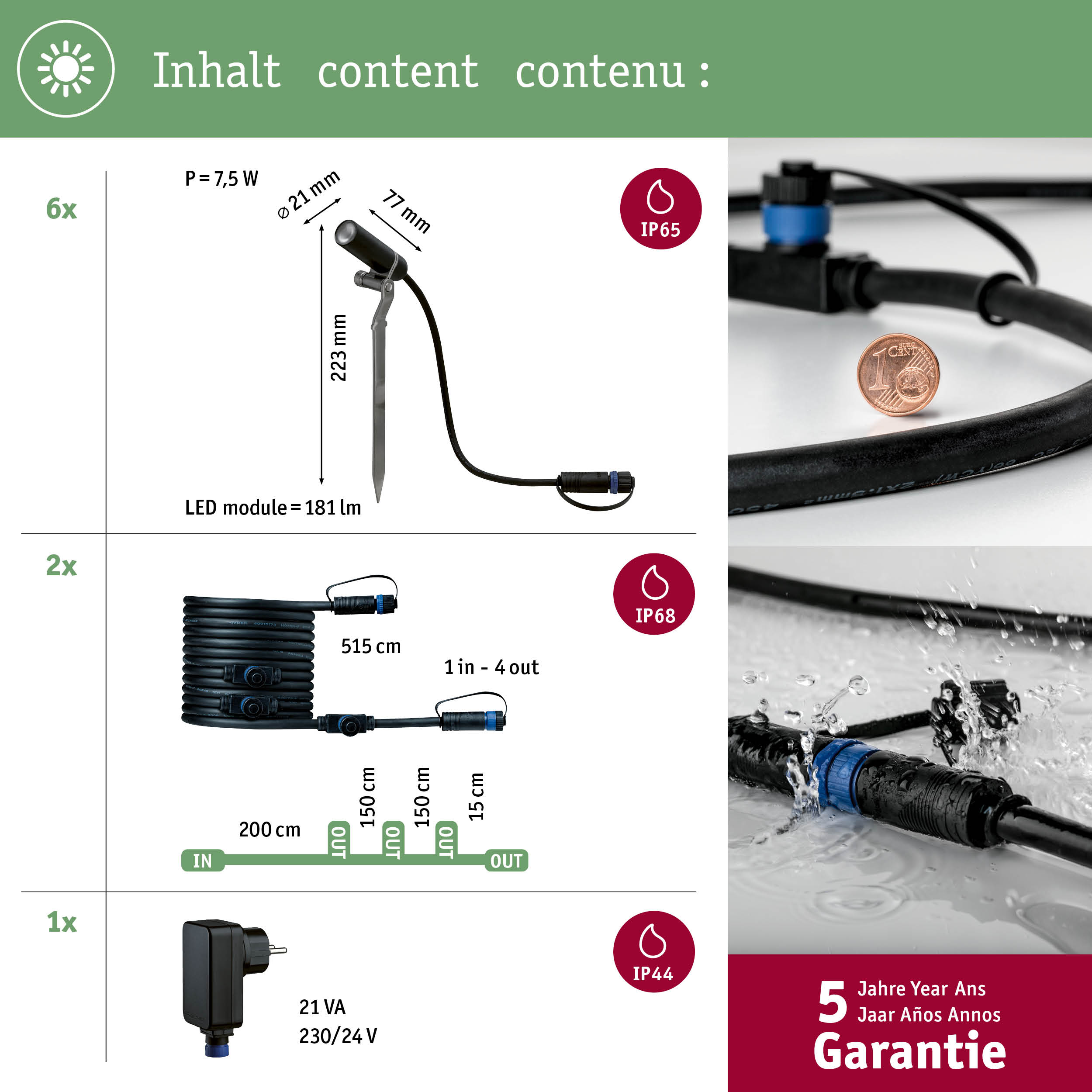 Diagram przedstawiający wymiary i specyfikacje zestawu oświetlenia zewnętrznego, w tym światło, kable i zasilacz z informacjami o gwarancji.