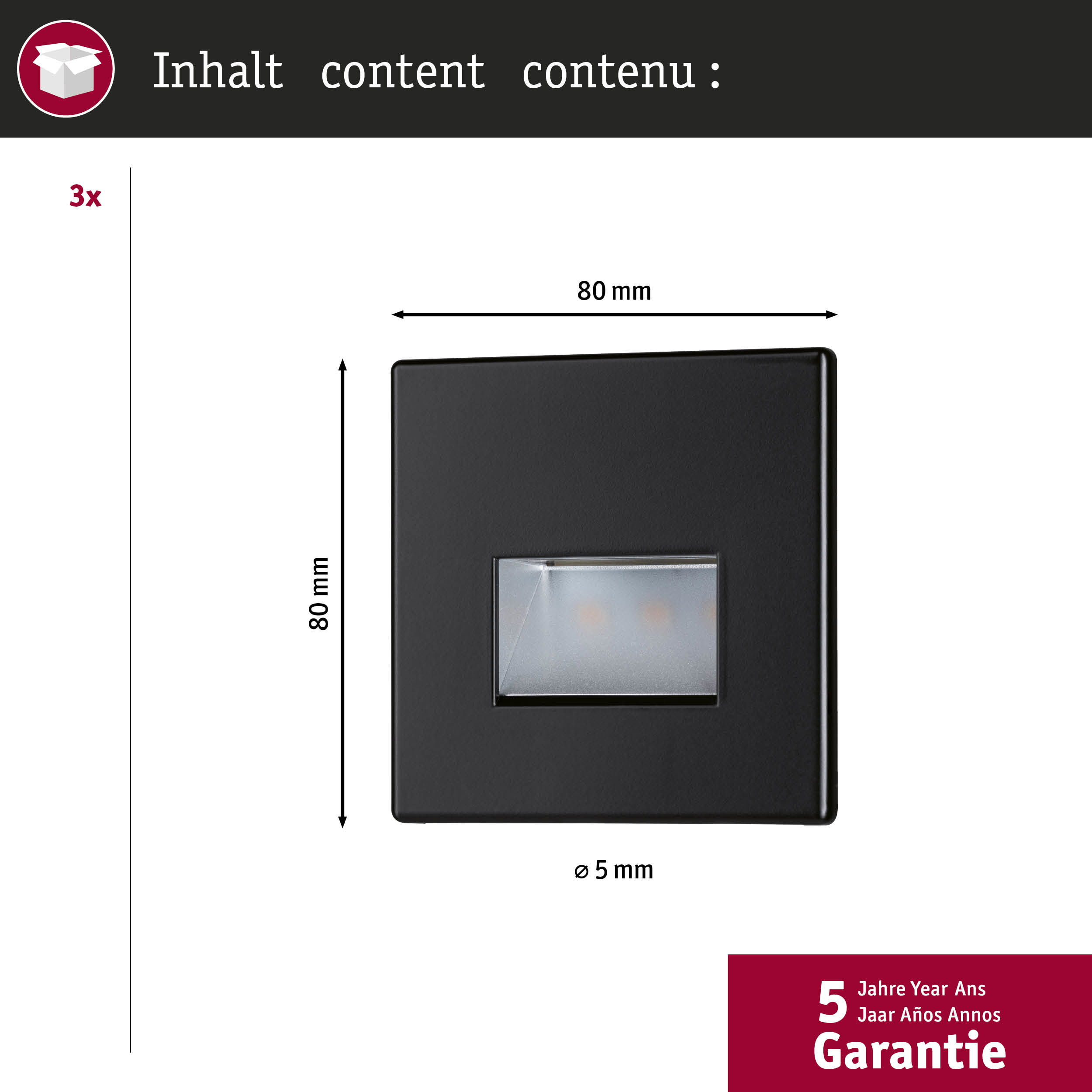 Diagram przedstawia wymiary kwadratowej czarnej oprawy oświetleniowej, która emituje małe światło ze środka.