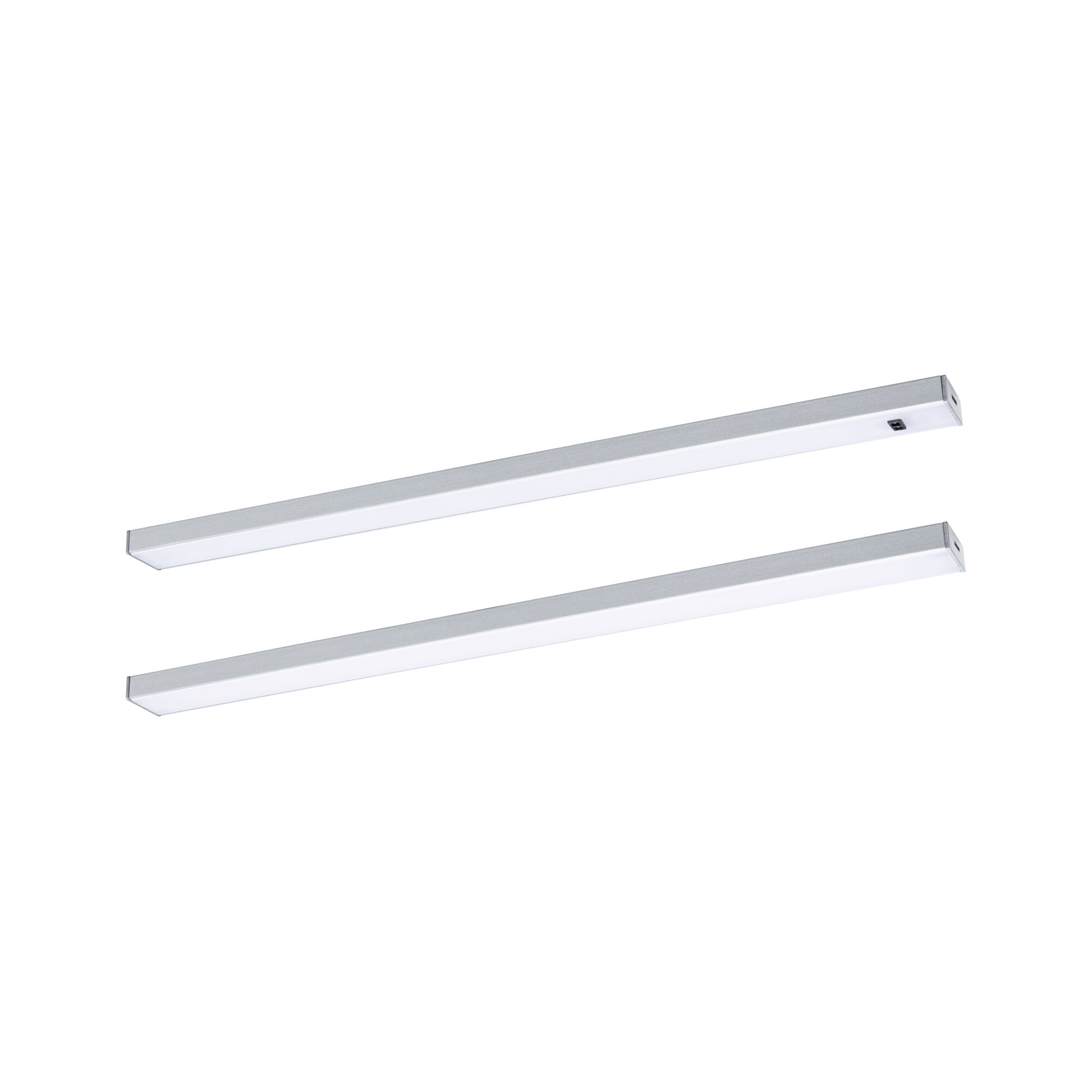Zwei lange, schlanke, silberne LED-Leuchten werden vor einem strahlend weißen Hintergrund präsentiert, um ihr minimalistisches Design hervorzuheben.