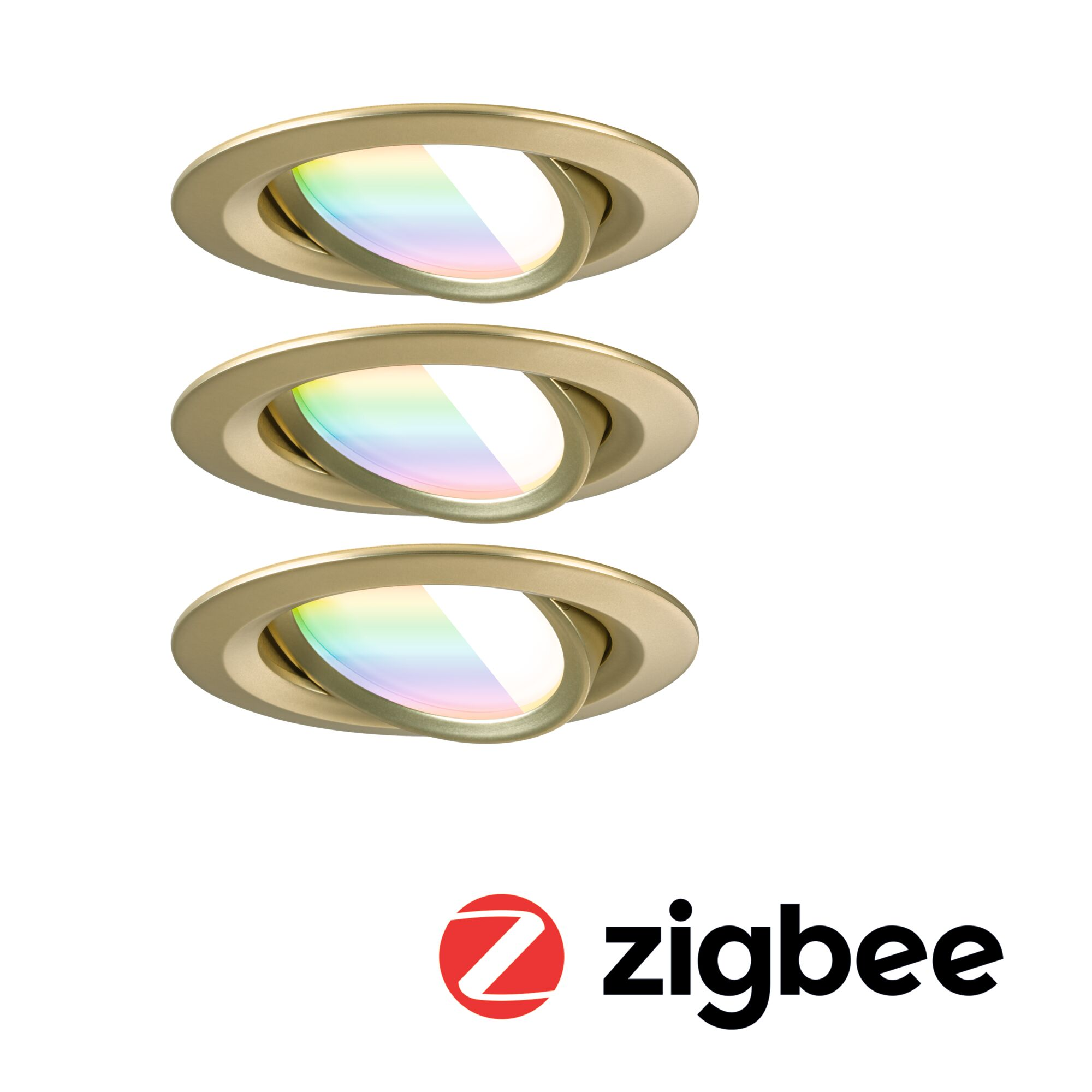 Trzy złote lampy wpuszczane z żarówkami zmieniającymi kolor i logo Zigbee na białym tle.